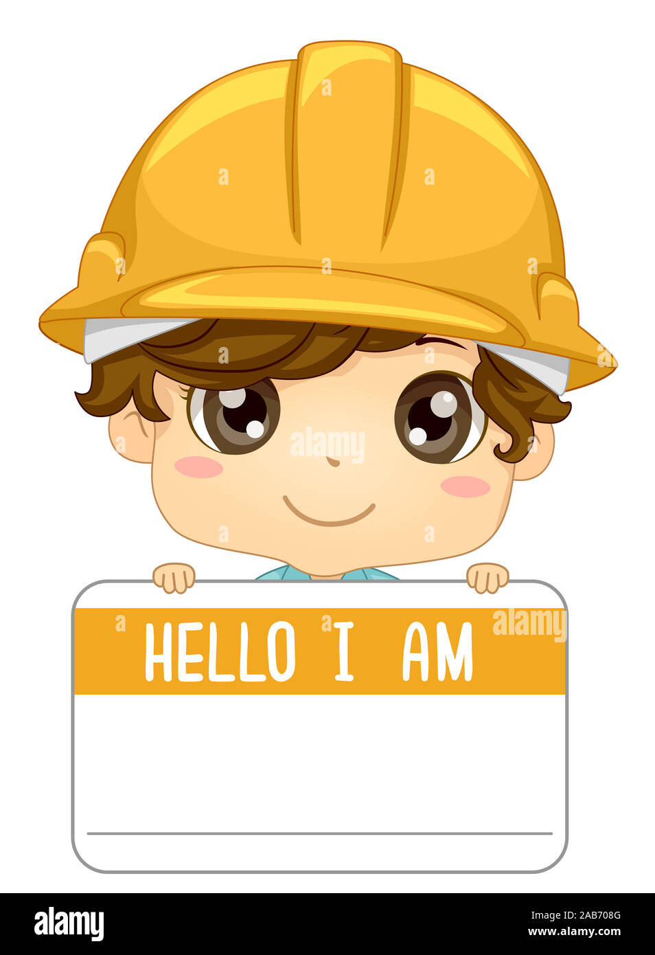 Illustrazione di un bambino ragazzo indossa una costruzione giallo elmetto e tenendo un ciao io sono Tag Name Foto Stock