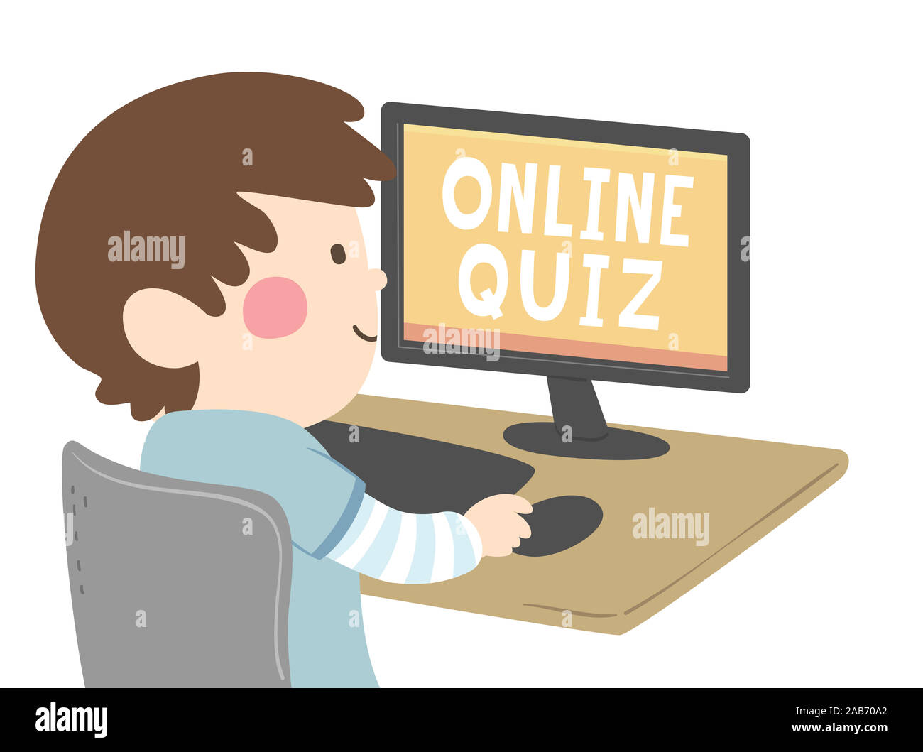 Illustrazione di un ragazzo di capretto prendendo un quiz online utilizzando un computer Foto Stock