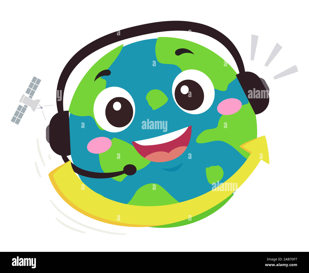 Illustrazione di una massa mascotte che indossa la cuffia con la freccia rivolta verso l'altro lato. International Support Hotline Foto Stock