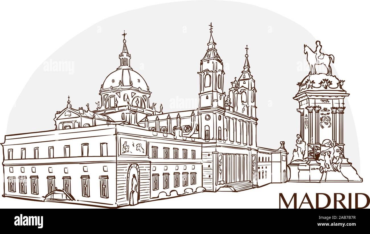 Cattedrale di Almudena e buen retiro park illustrazione vettoriale Illustrazione Vettoriale