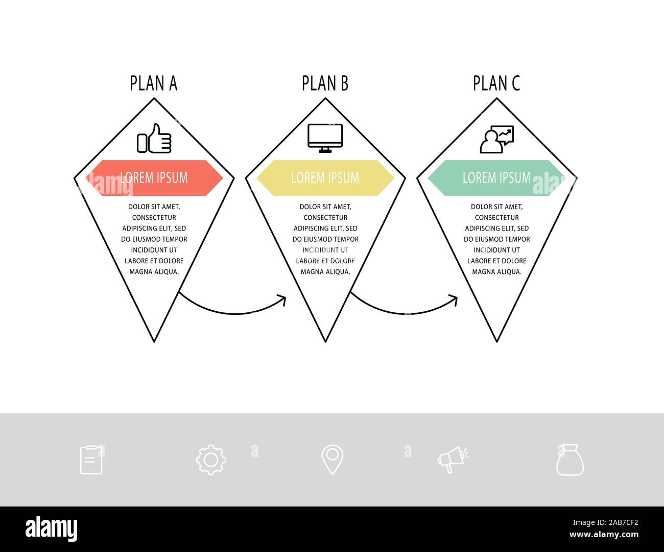 Vettore modello infografico con la linea a rombo. Dati aziendali di visualizzazione con 3 icone di marketing. Tre passaggi per il contenuto, processo, cronologia web Illustrazione Vettoriale