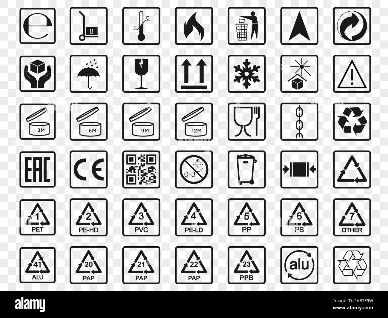 Icone di confezionamento, pacchetto set di segni. Illustrazione Vettoriale, design piatto. Illustrazione Vettoriale