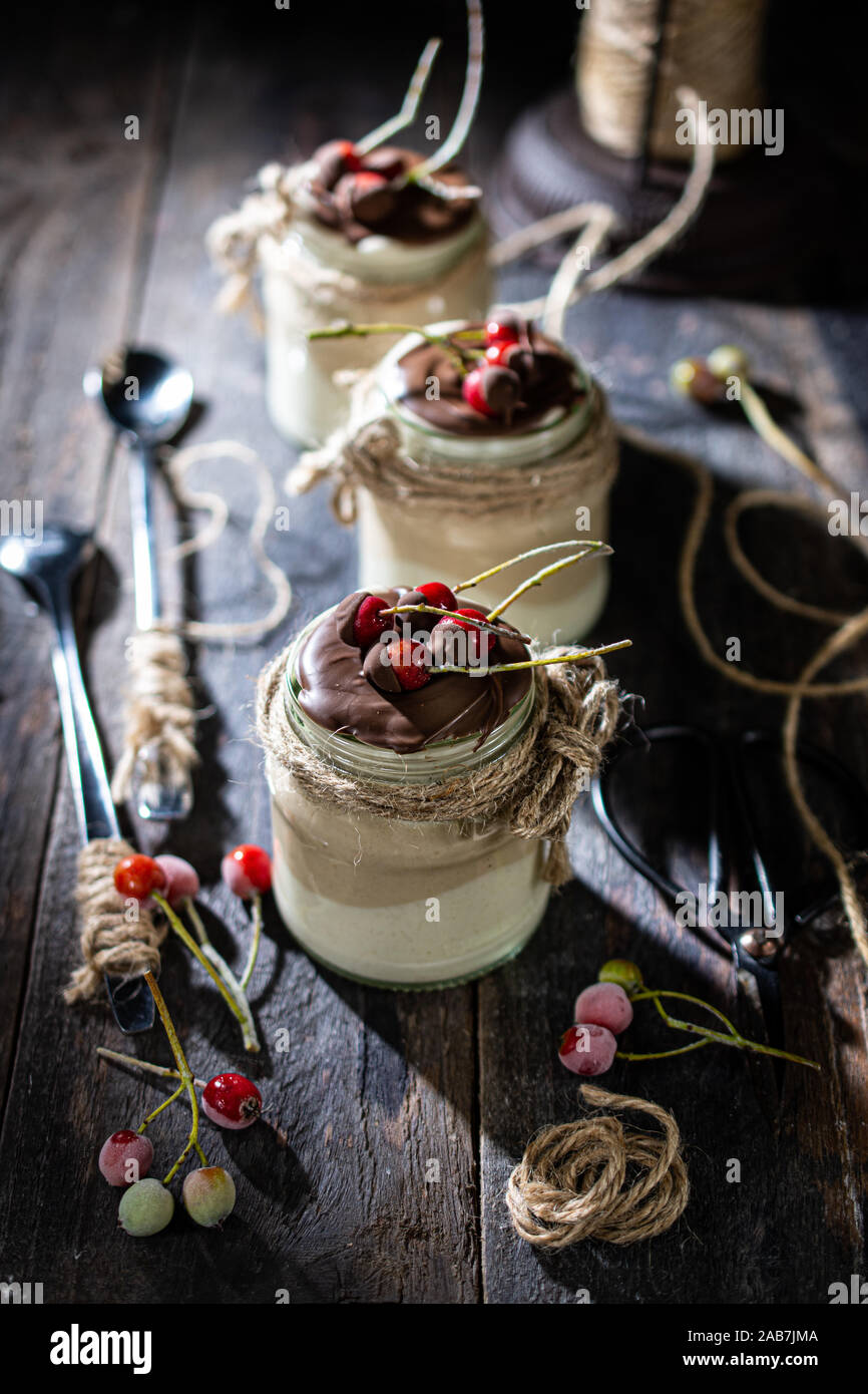 La colazione dei campioni di alimenti sani lo yogurt naturale con frutta e il cioccolato a basso contenuto di grassi spuntini Foto Stock