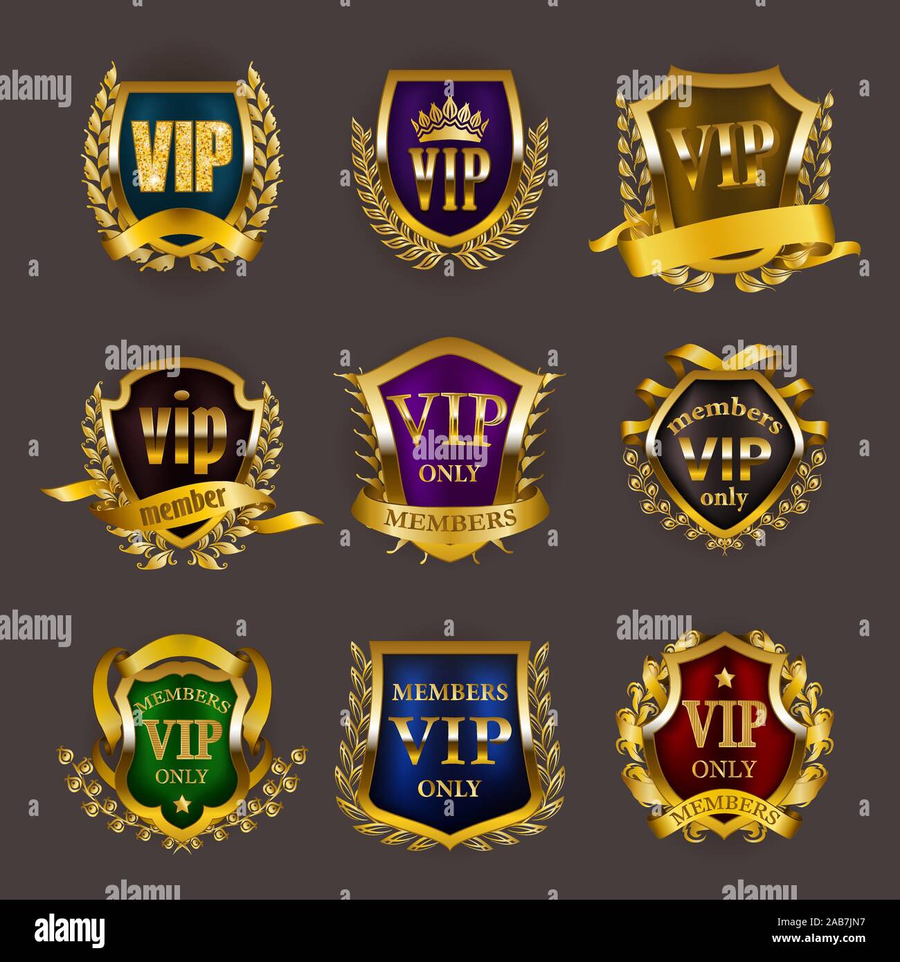 Set di vip oro monogrammi per progettazione grafica su sfondo grigio. Illustrazione Vettoriale