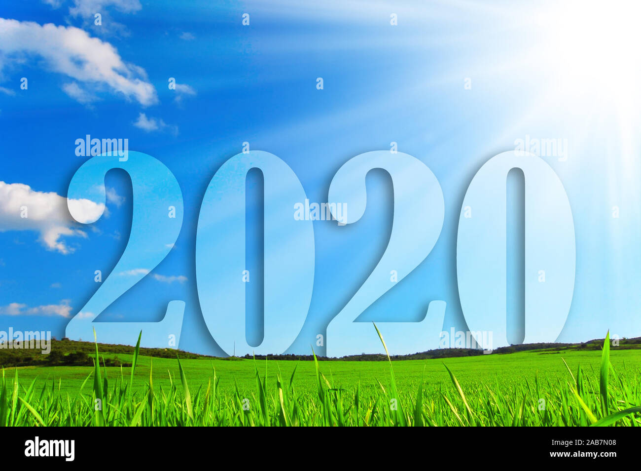 Prati con erba e scritto nel 2020 Blu cielo Foto Stock