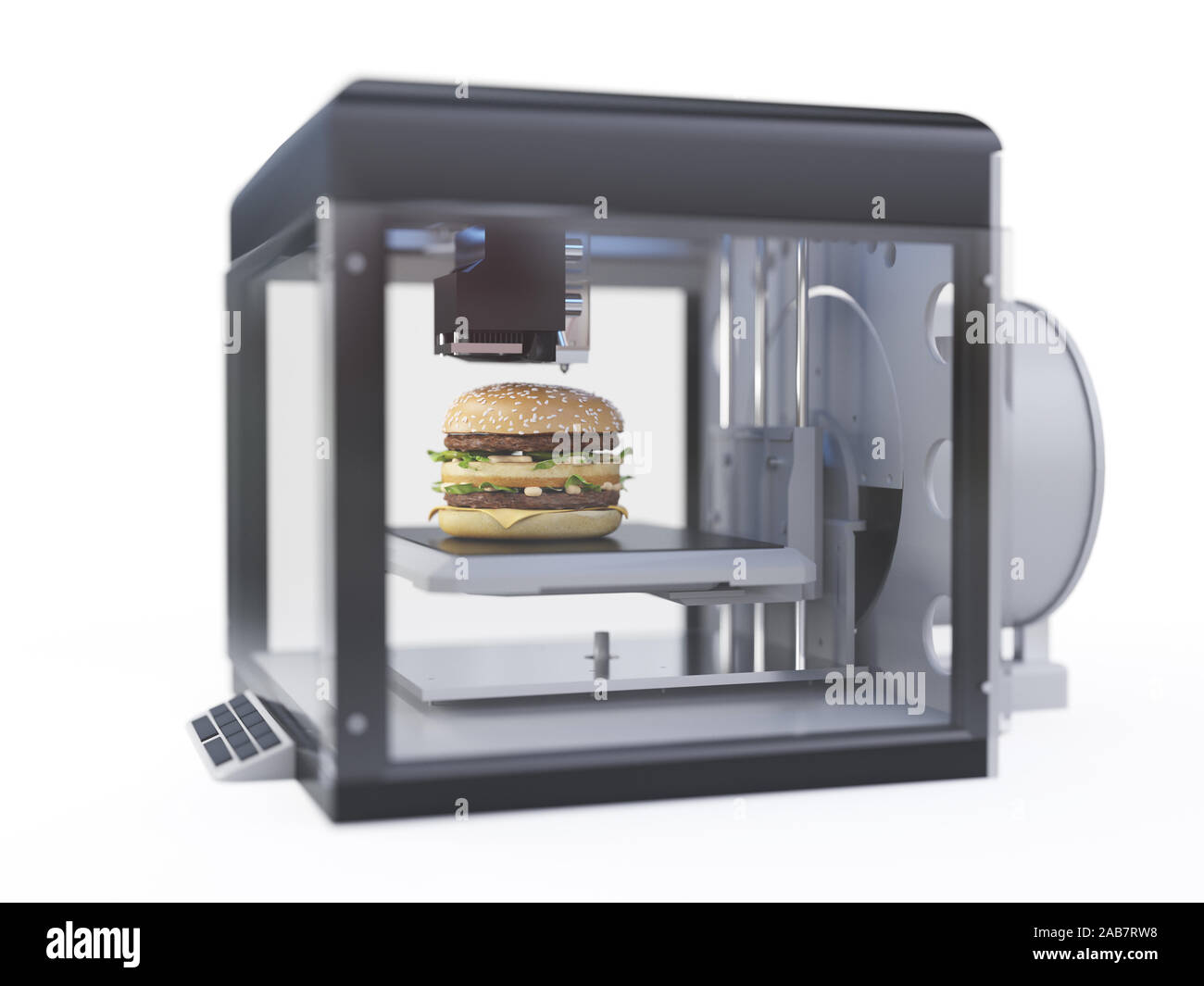3d reso illustrazione di una stampante 3d stampa un burger Foto Stock