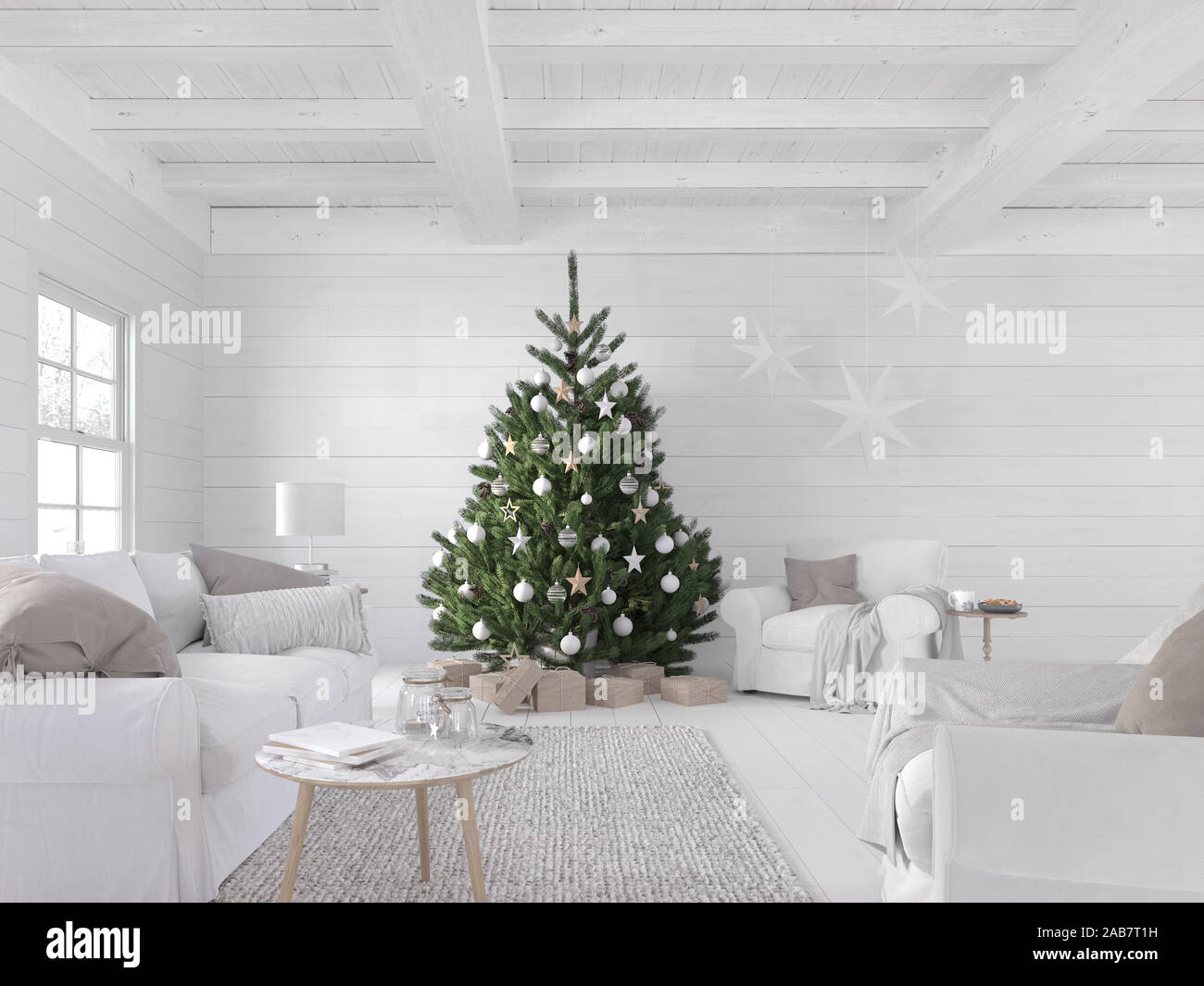 3D-illustrazione. nuovo nordic soggiorno con un albero di natale. Foto Stock