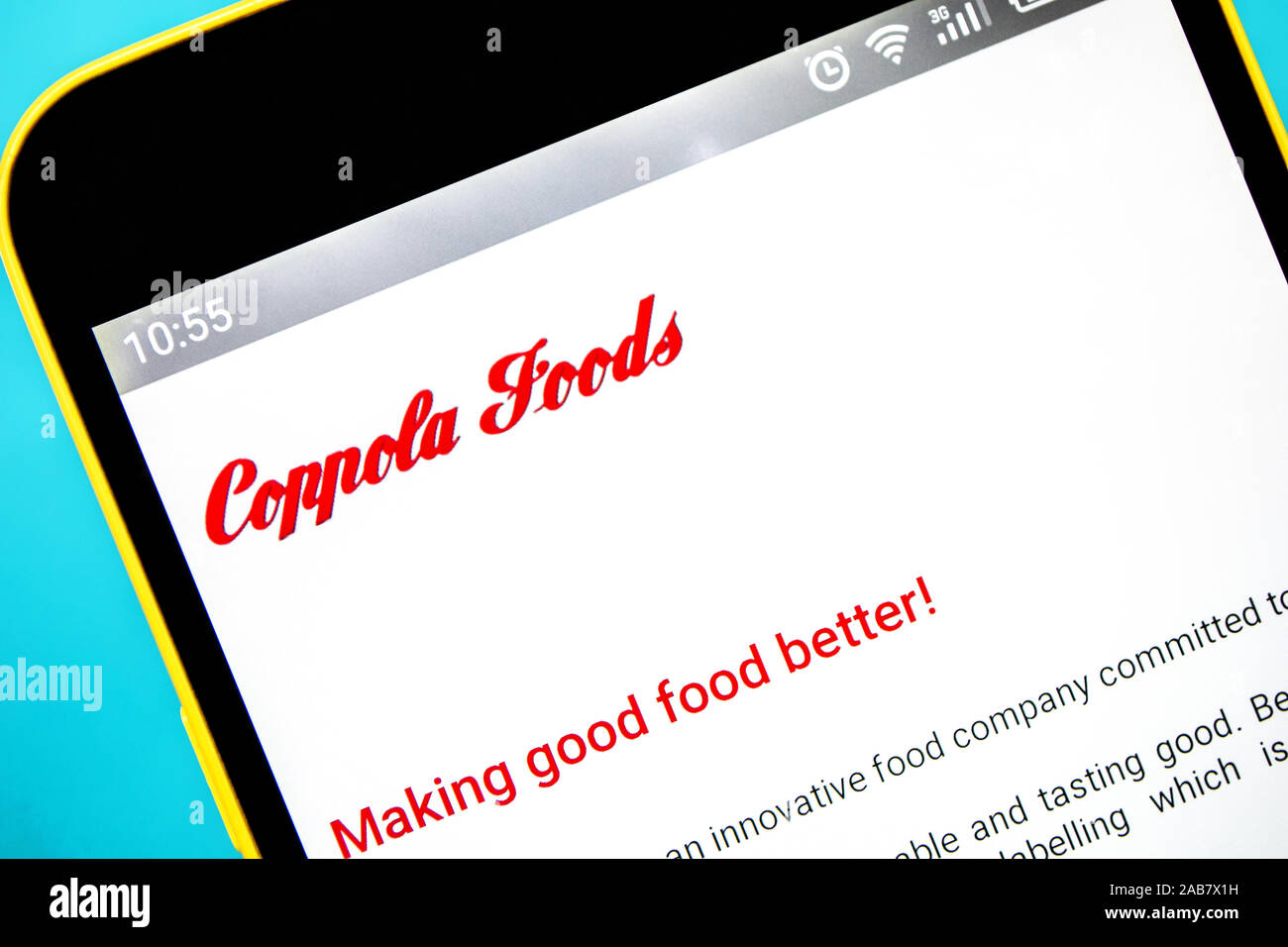 Berdyansk, Ucraina - Aprile 6, 2019: Editoriale illustrativa di Coppola alimenti website homepage. Coppola alimenti logo visibile sullo schermo del telefono. Foto Stock