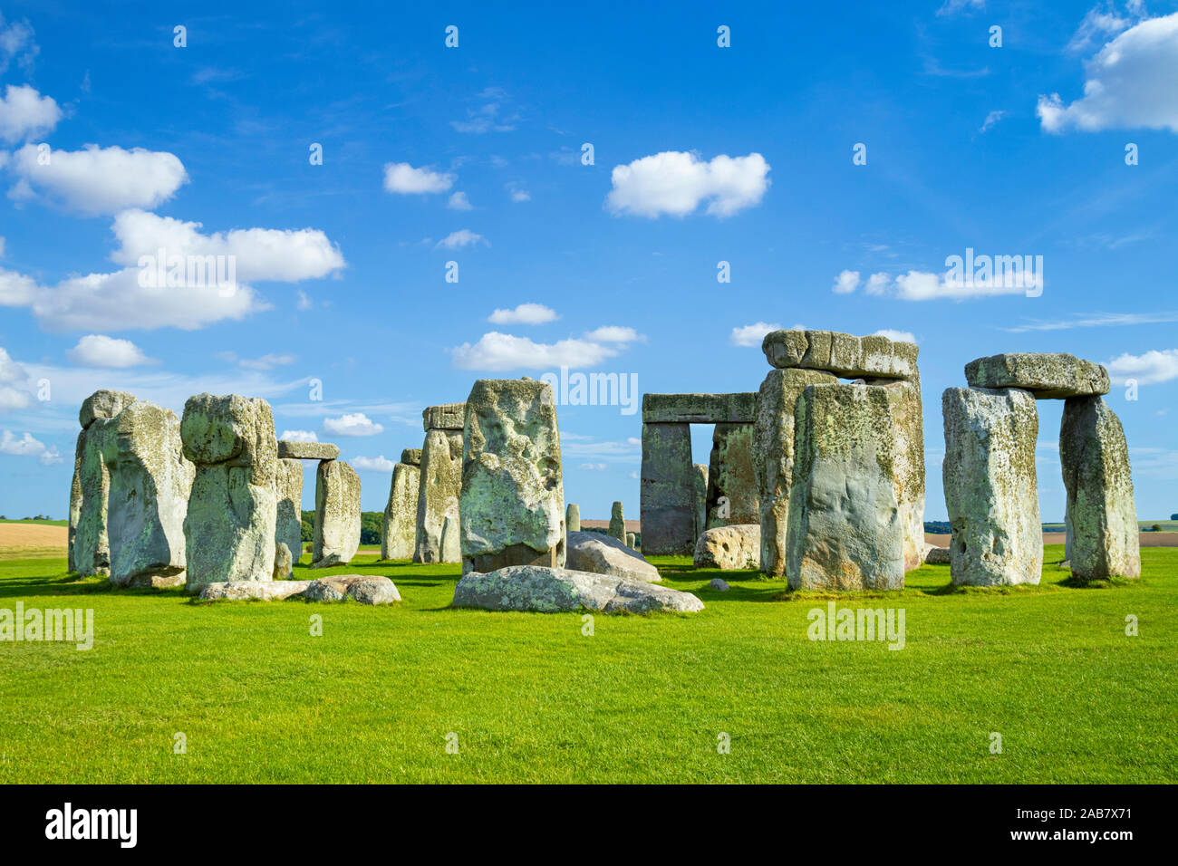 Neolitico di Stonehenge stone circle, Sito Patrimonio Mondiale dell'UNESCO, Salisbury Plain, Wiltshire, Inghilterra, Regno Unito, Europa Foto Stock