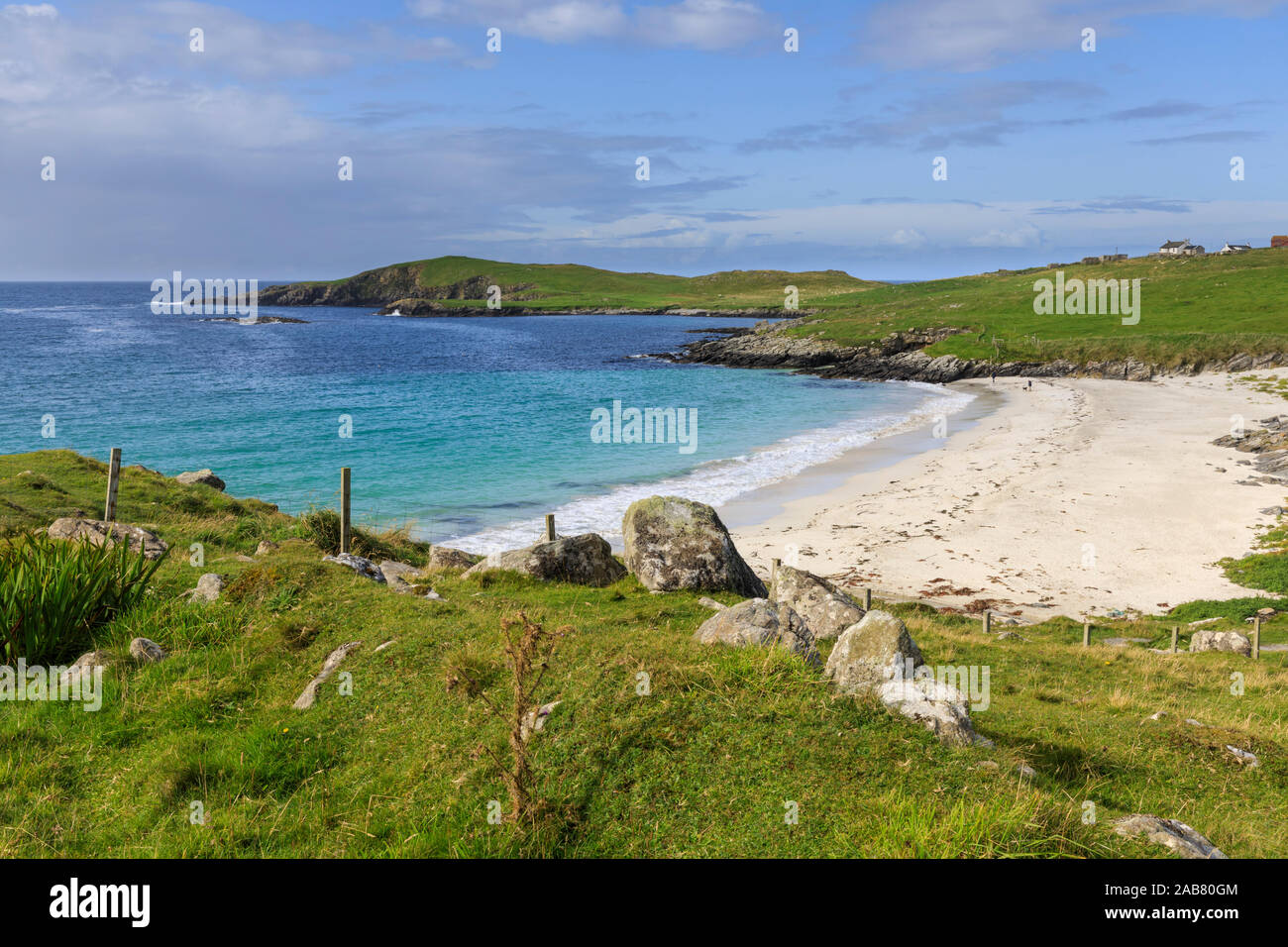 Pasto, spiaggia di sabbia bianca e acqua turchese, una delle Shetland migliori, Isola di West Burra, Isole Shetland Scozia, Regno Unito, Europa Foto Stock