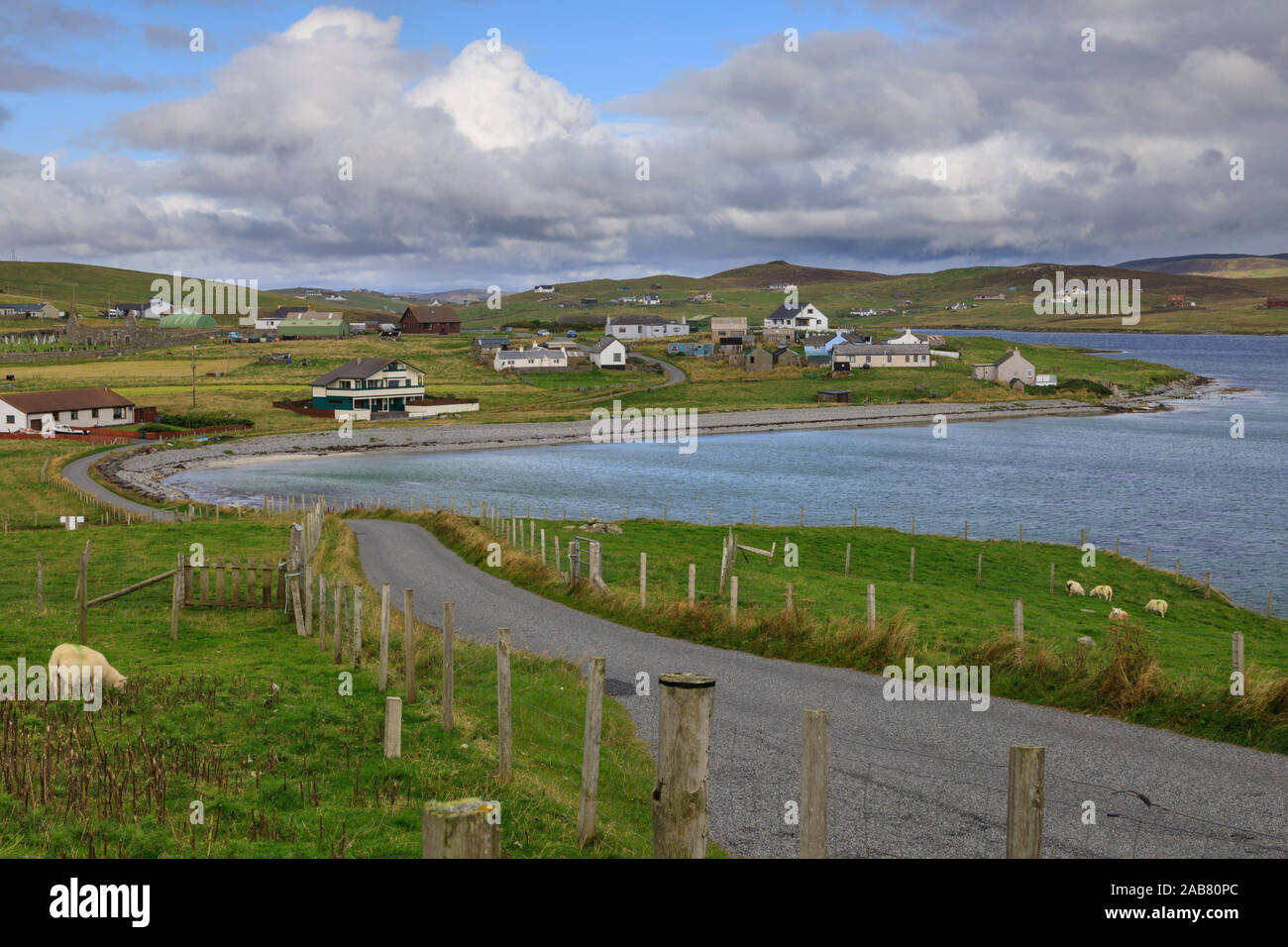 Papil, sinuosa strada costiera e il villaggio, pecore, West Burra isola, isole Shetland Scozia, Regno Unito, Europa Foto Stock