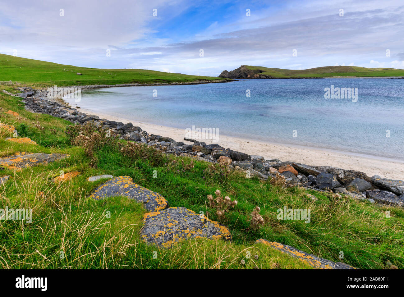 Dcim Beach, Banna DCIM, sabbia bianca e mare turchese, Papil, West Burra isola, isole Shetland Scozia, Regno Unito, Europa Foto Stock