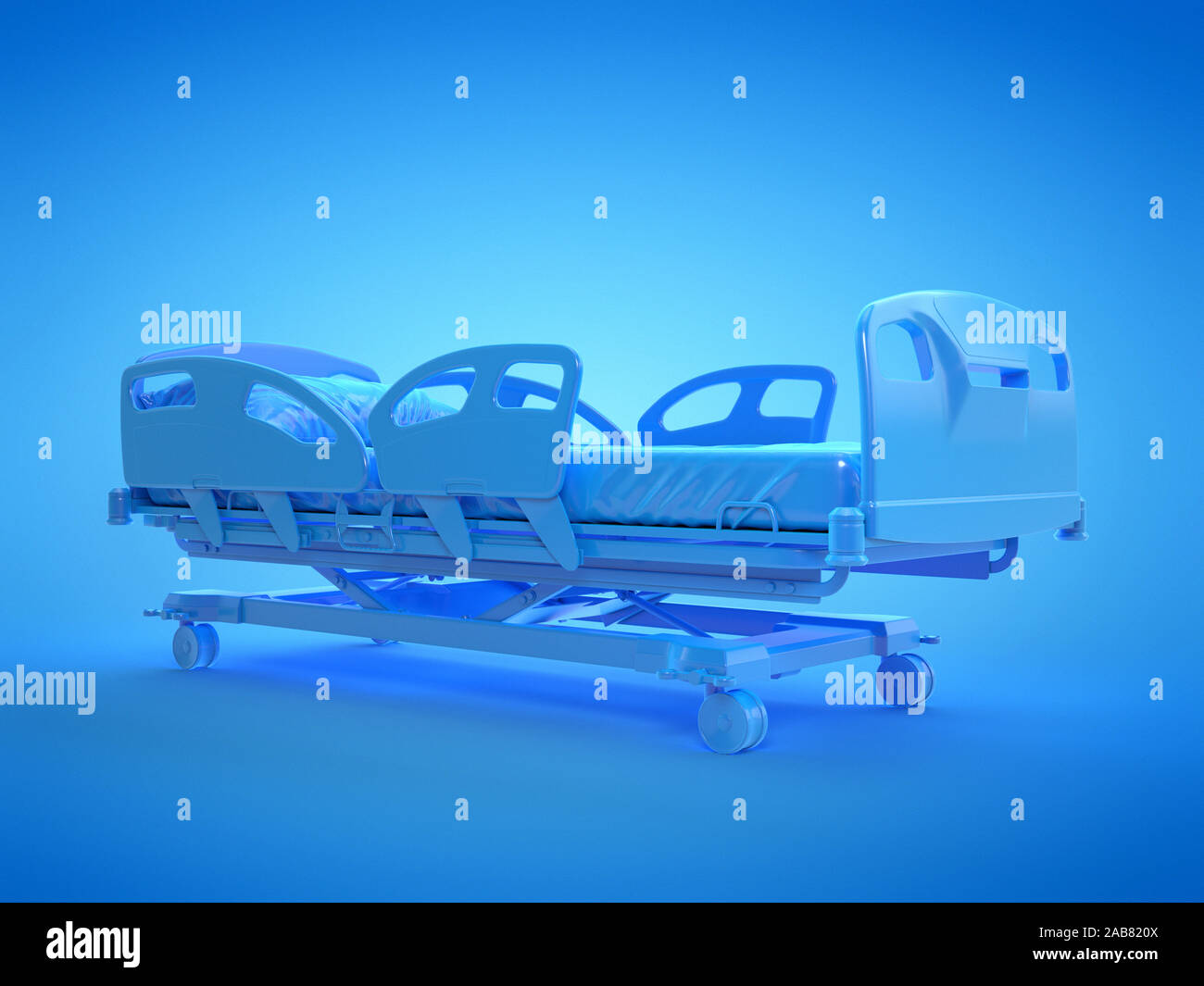 3d reso illustrazione di un blu letto di ospedale Foto Stock