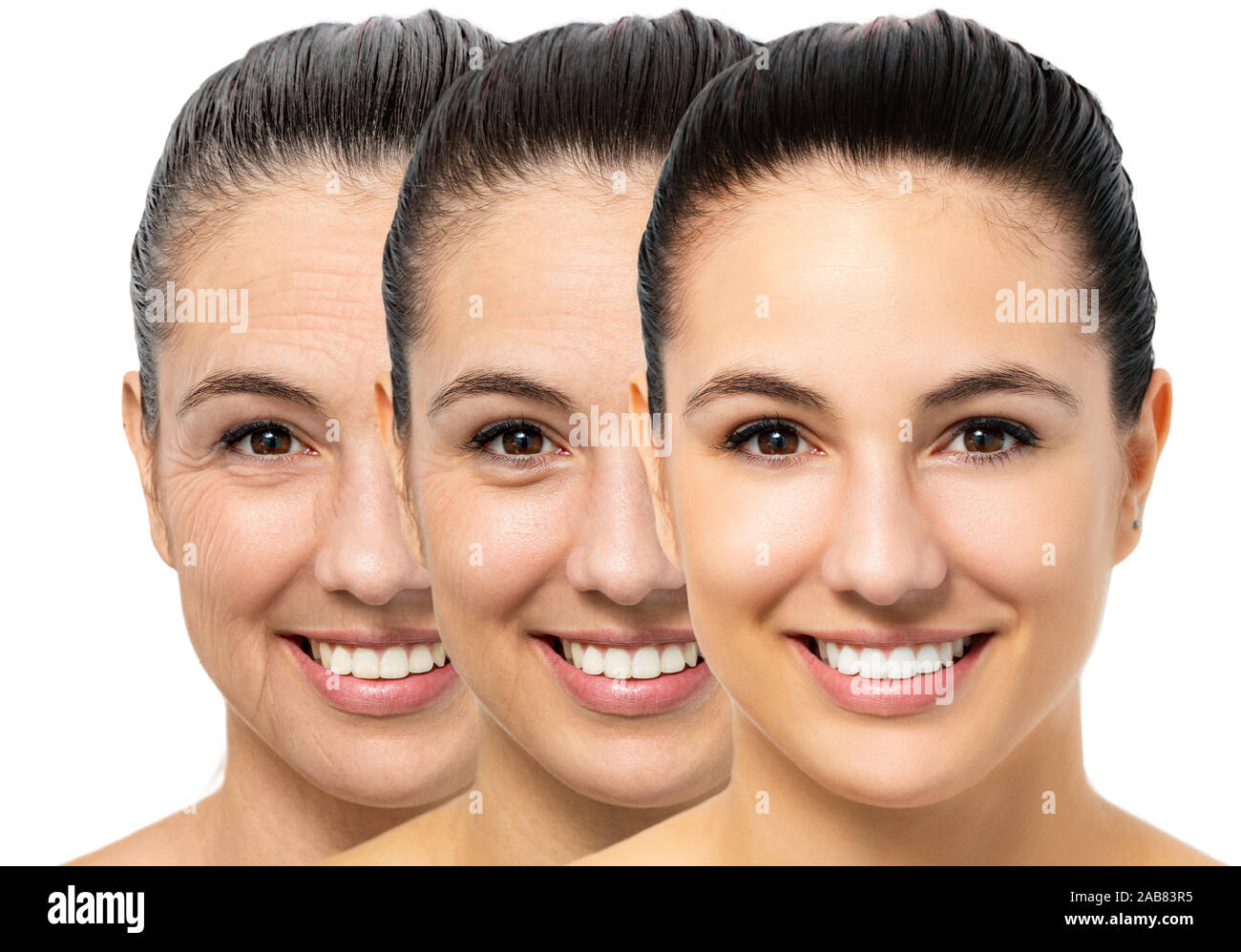 Close up ritratto concettuale della giovane donna che mostra il processo di invecchiamento della pelle. Tre ritratti della stessa ragazza con differenti età e le rughe. Foto Stock