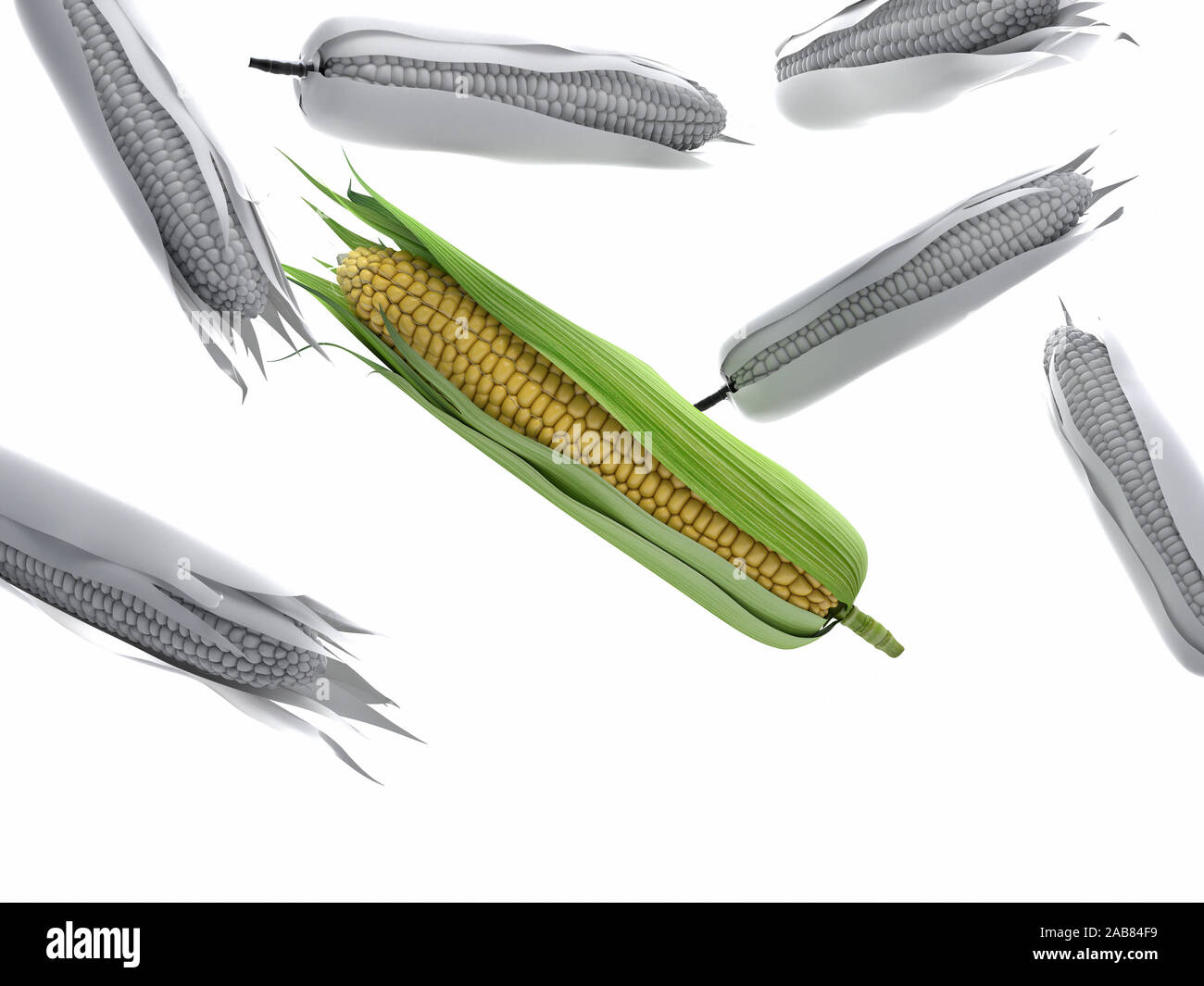 Rendering 3D illustrazione di cibo di un mazzetto di caduta di tutoli di mais. Foto Stock