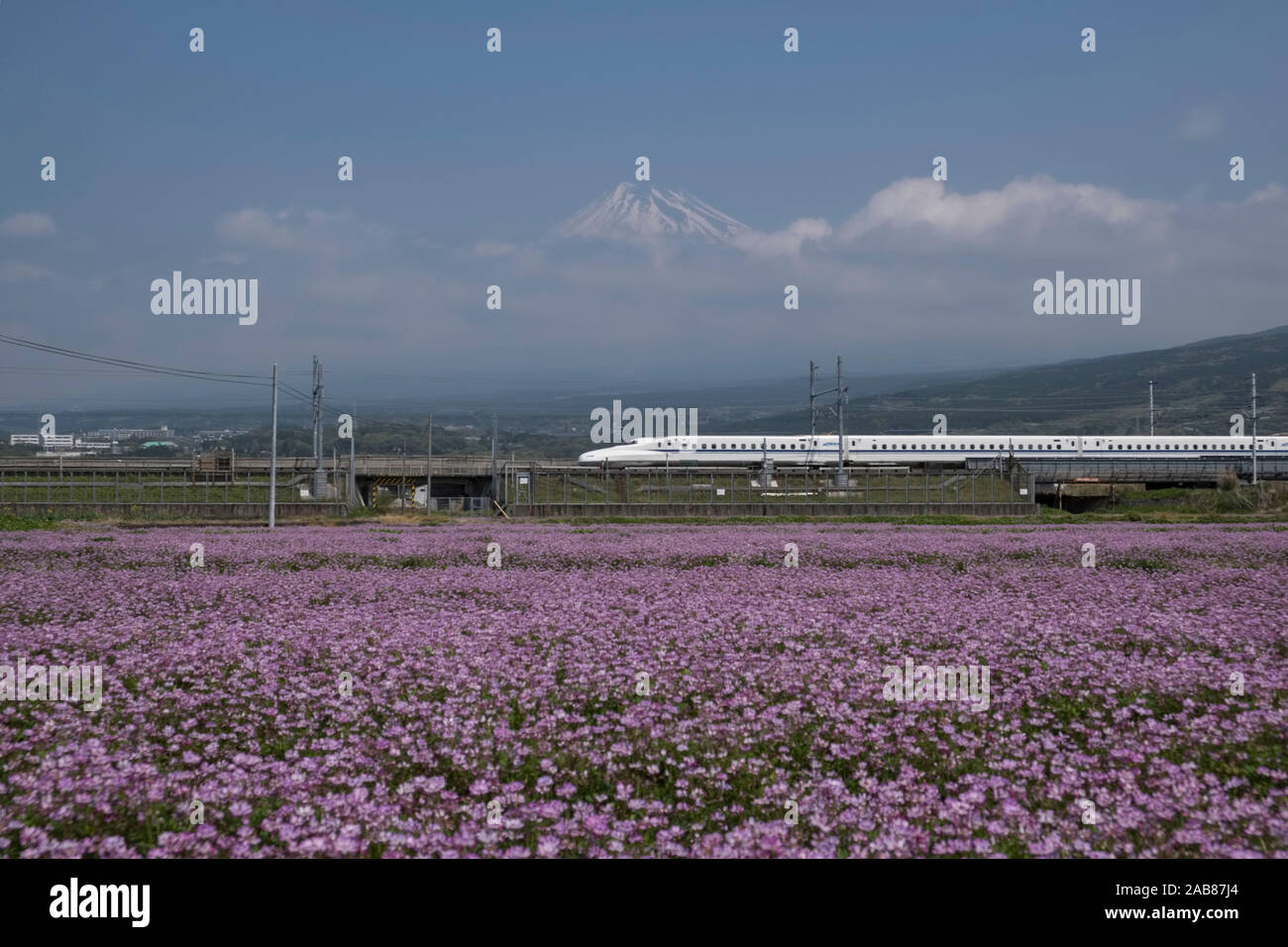 Giappone, Fuji città: il shinkansen, Giapponese bullet train e il Monte Fuji Foto Stock