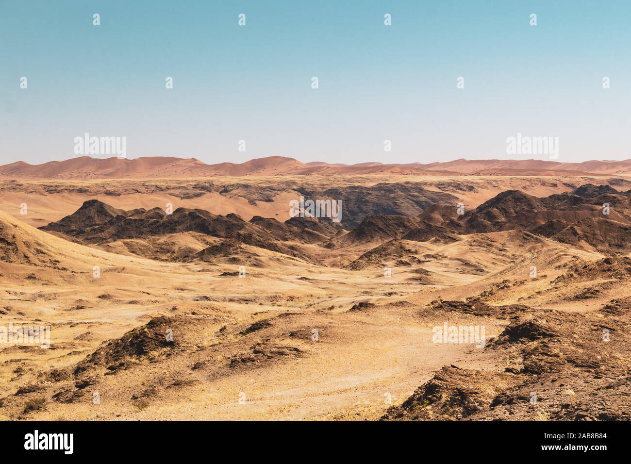 Kuiseb Canyon con dune rosse in background, moonscape, Namib Desert, Namibia, Africa Foto Stock