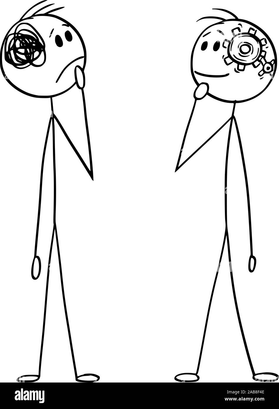 Vector cartoon stick figura disegno illustrazione concettuale di due uomini o uomini di affari di pensare. La differenza tra la semplice semplice pulito e confuso pensare. Illustrazione Vettoriale