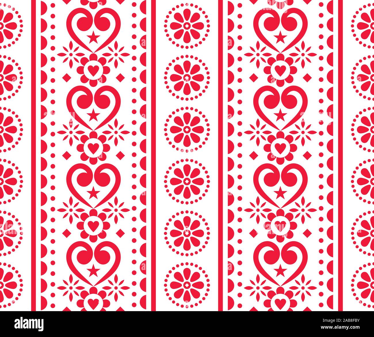 Amore Folk, il giorno di San Valentino senza giunture di vettore tracciato verticale - Scandinavian Ricamo classico stile con fiori e cuori Illustrazione Vettoriale