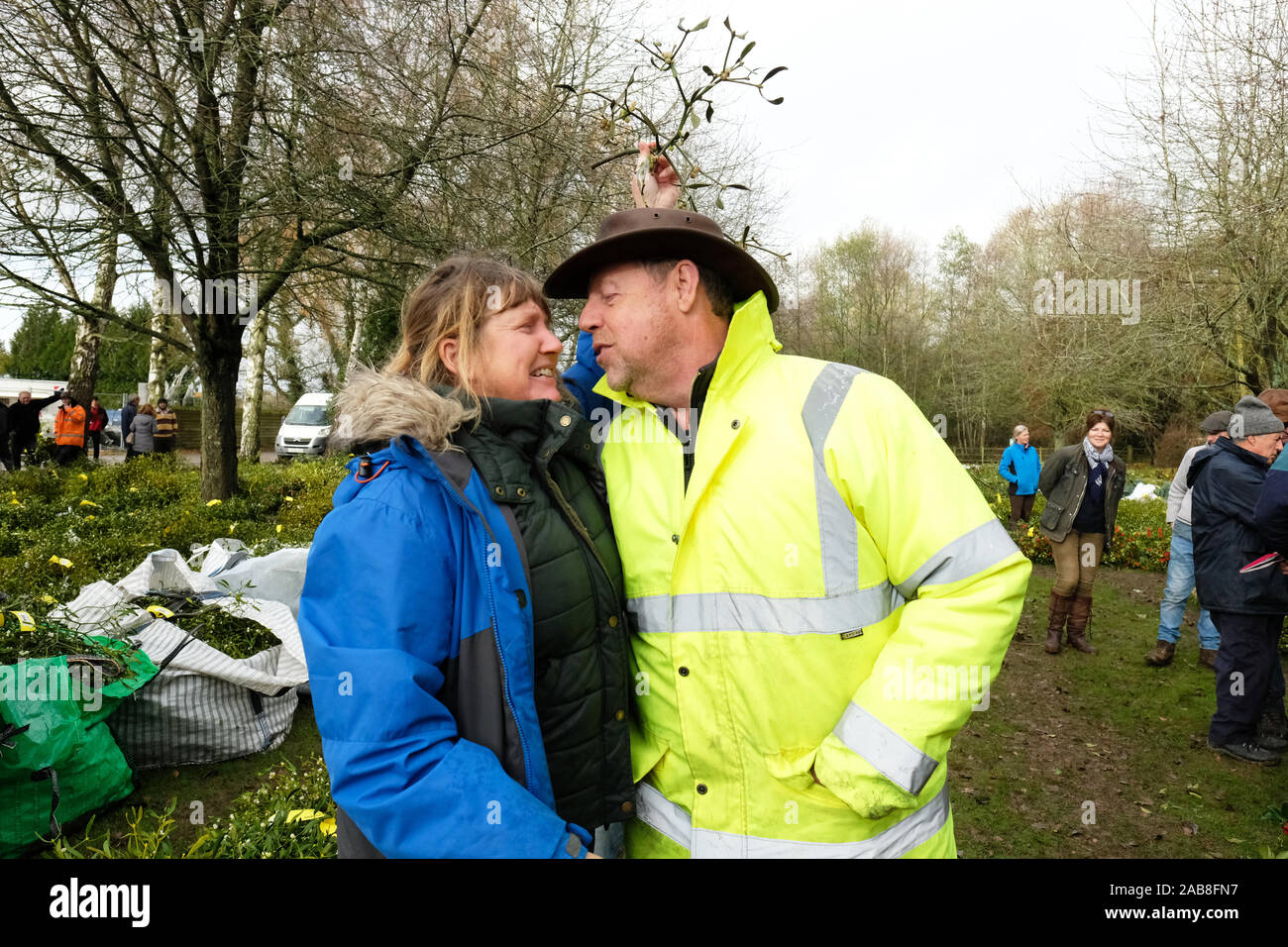 Burford House, Tenbury Wells, Worcestershire - Martedì 26 Novembre 2019 - Il primo Natale agrifoglio e vischio asta della stagione - Aste di vischio si sono svolti a Tenbury Wells per oltre 160 anni. Un paio di strappare un bacio rapido con la vendita in corso. Una ulteriore asta avrà luogo la prossima settimana - Credit: Steven Maggio/Alamy Live News Foto Stock