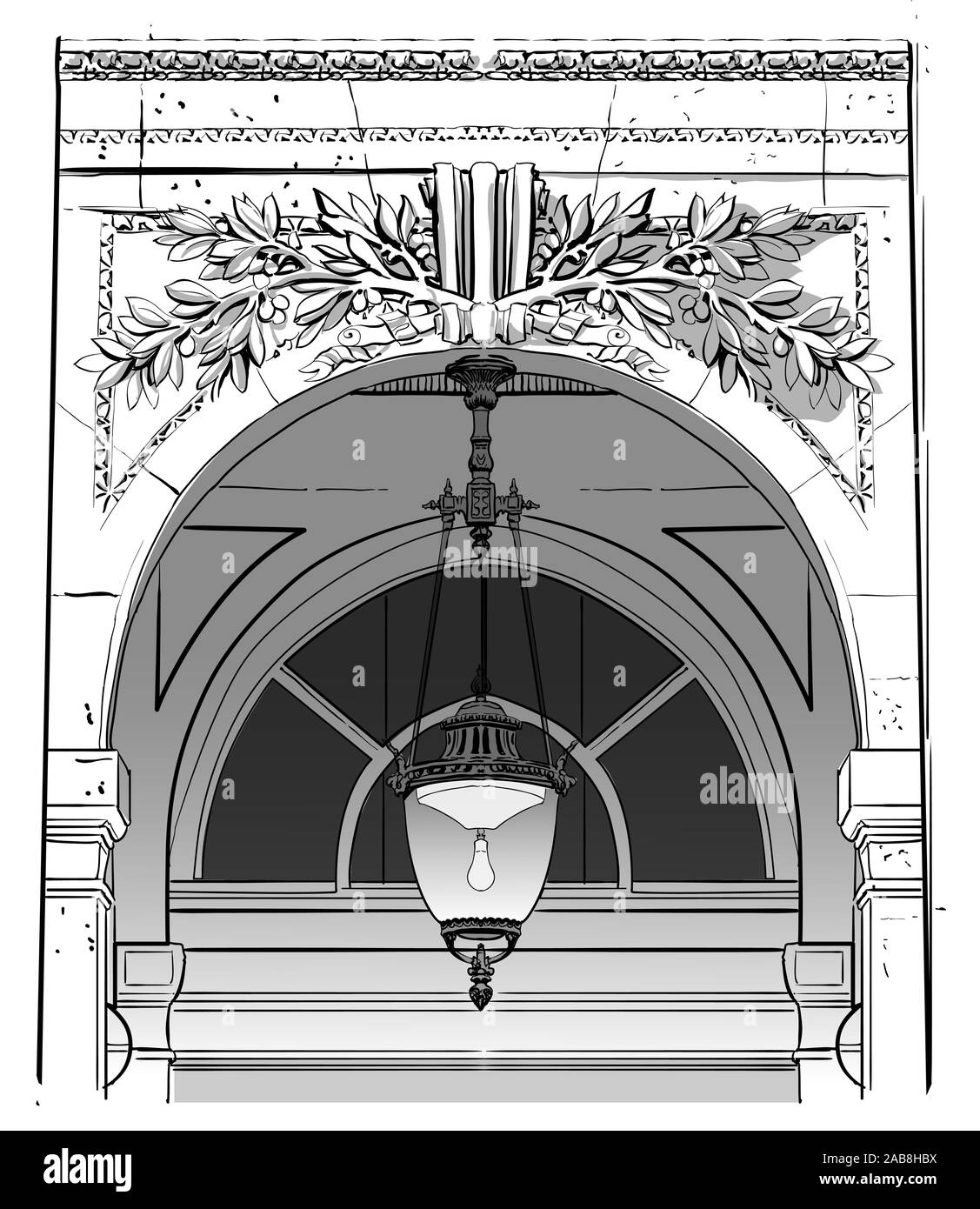 Vecchia facciata e lampione - illustrazione vettoriale (ideale per la stampa su tessuto o carta, poster o di sfondo, la decorazione della casa) Illustrazione Vettoriale