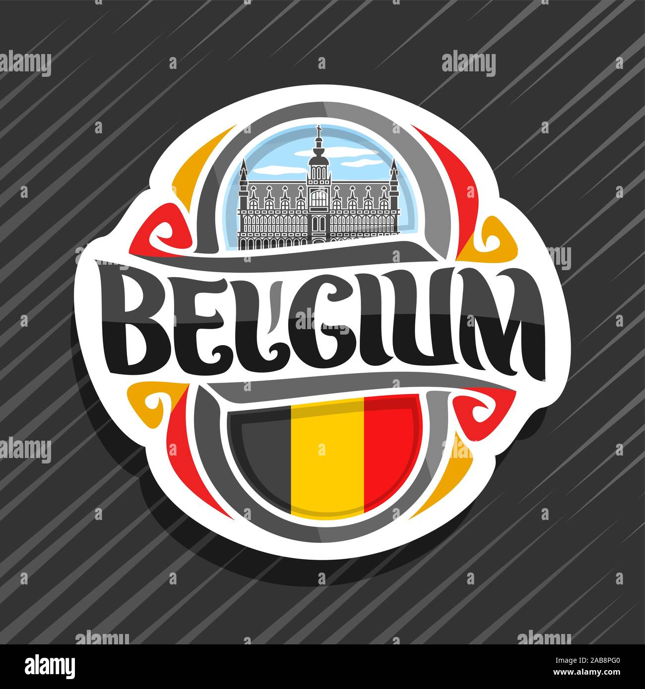 Il logo del vettore per il Belgio paese, frigo magnete con bandiera belga, spazzola originale carattere tipografico per word Belgio e simboli belga - king house o Maison Illustrazione Vettoriale