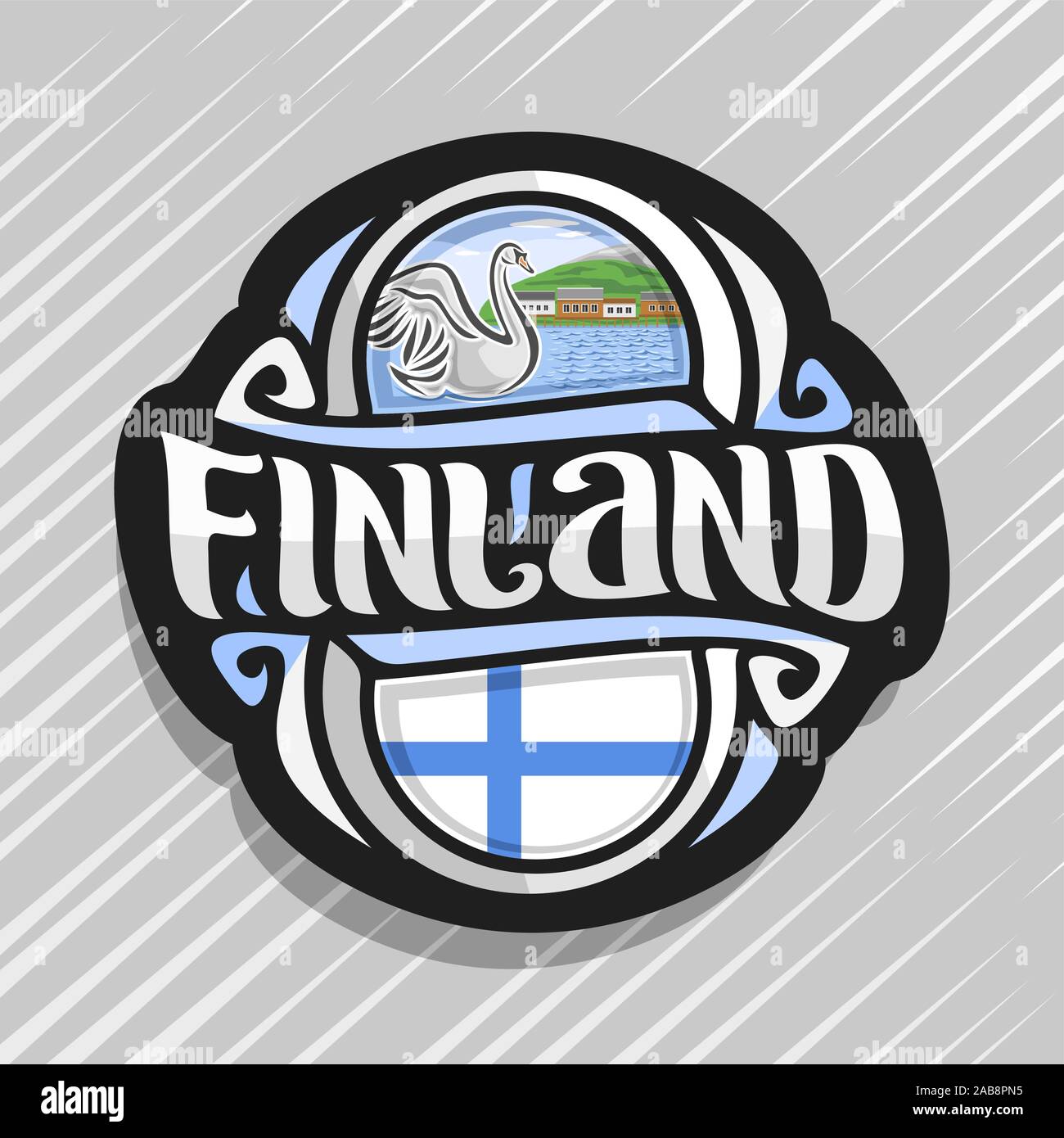 Il logo del vettore per la Finlandia paese, frigo magnete con bandiera finlandese, spazzola originale carattere tipografico per parola Finlandia e simbolo finlandese - White Swan nel lago di Illustrazione Vettoriale