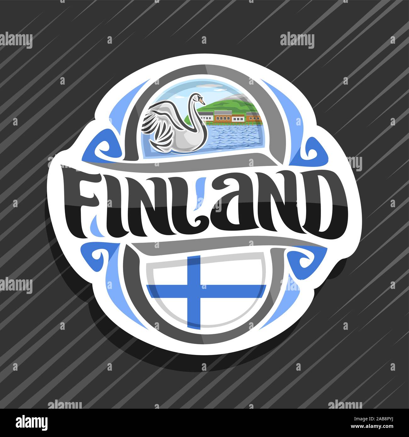 Il logo del vettore per la Finlandia paese, frigo magnete con bandiera finlandese, spazzola originale carattere tipografico per parola Finlandia e simbolo finlandese - White Swan nel lago di Illustrazione Vettoriale
