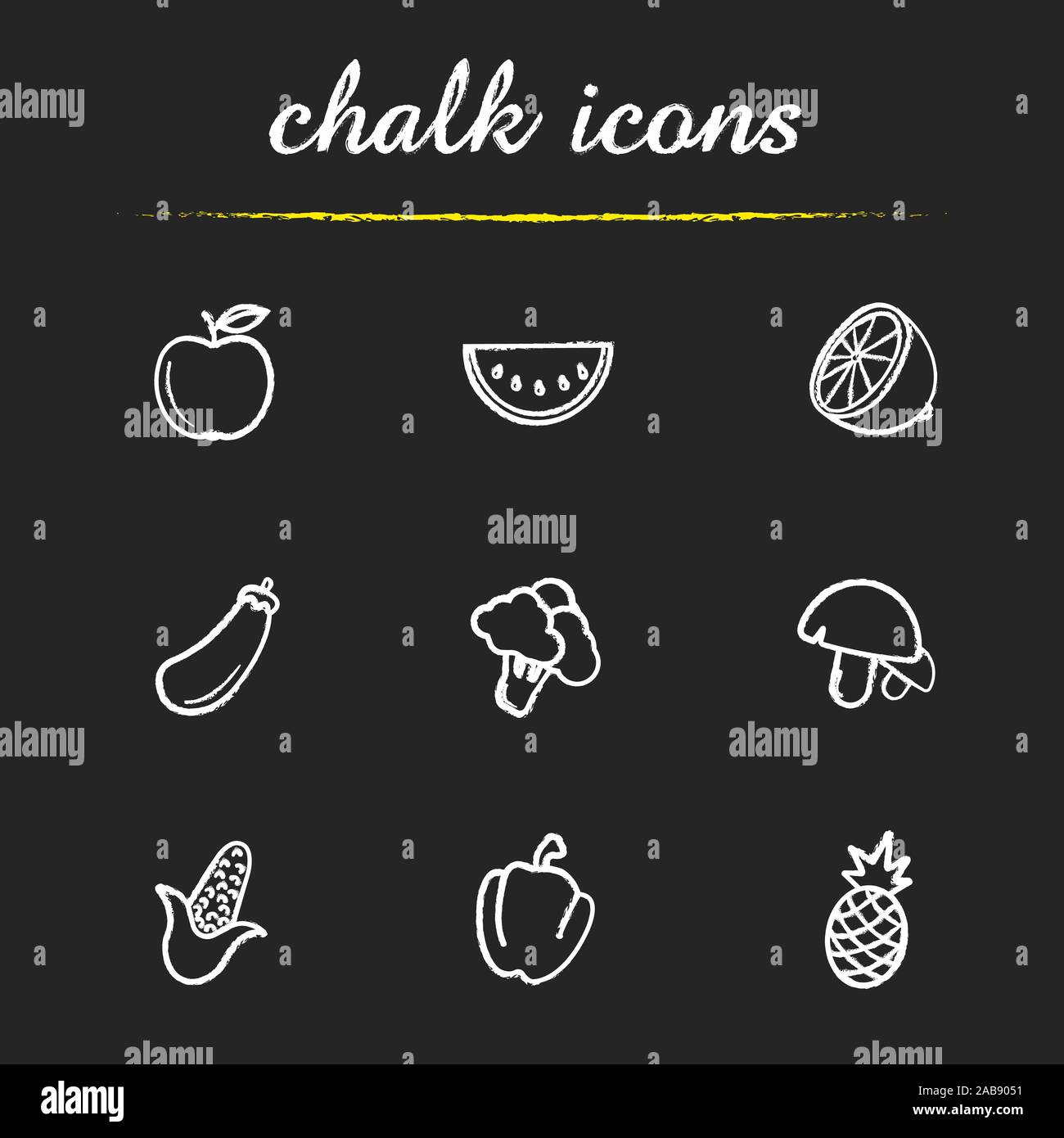 La frutta e la verdura chalk set di icone. Apple, fetta di cocomero, mezzo limone, melanzana, broccoli, funghi, mais, peperone, ananas. Vecto isolato Illustrazione Vettoriale