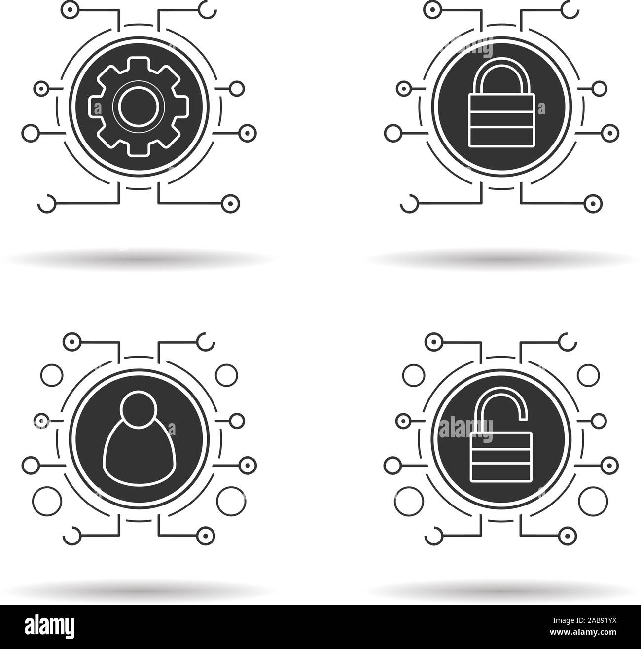 Cyber security set di icone. Accesso negato, amministratore di rete e le impostazioni di accesso concesso. Simboli digitali. Vettore illustrazioni in bianco in cerchi neri Illustrazione Vettoriale