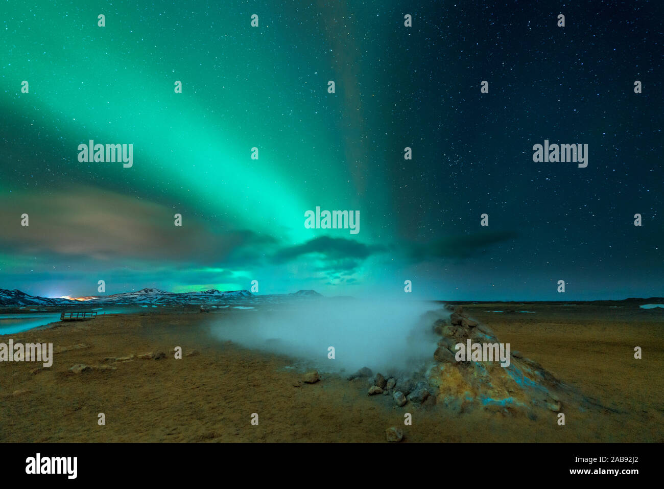 Aurora Boreale, Leirhnukur primavera calda area, Namaskard, Islanda Foto Stock