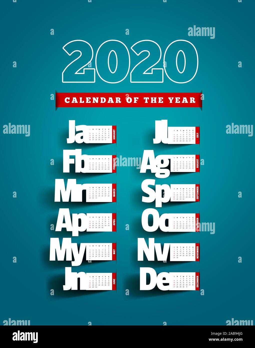 Carta tagliata calendario con ombra. Annualmente 2020 Calendario vettoriale su sfondo blu. Mesi, realizzati nello stile di note con le ombre. Foto Stock
