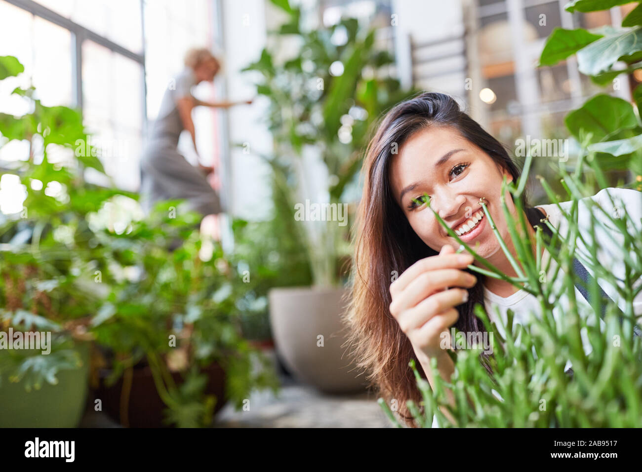 Sorridente giovane fioraio facendo la cura delle piante nel centro giardino Foto Stock