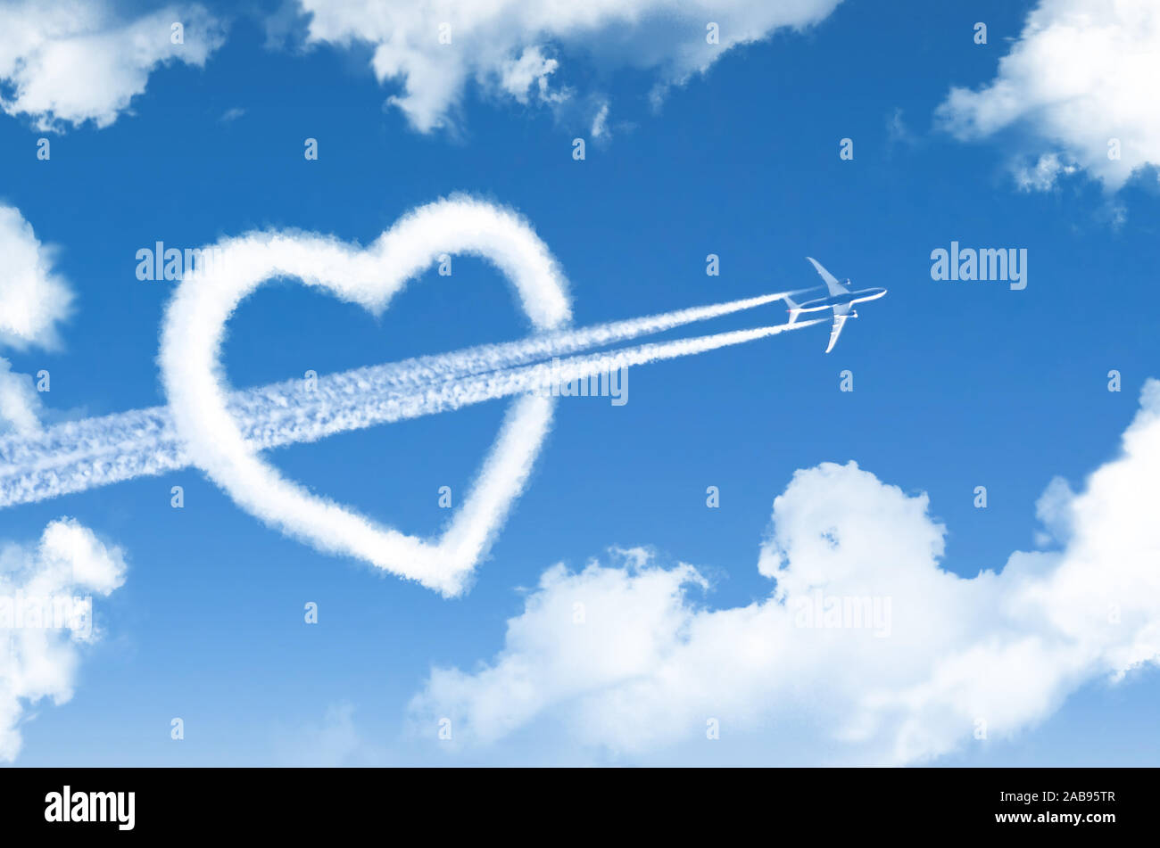 Alta Battenti aereo passeggeri trafigge il cuore nella forma di una nuvola Foto Stock