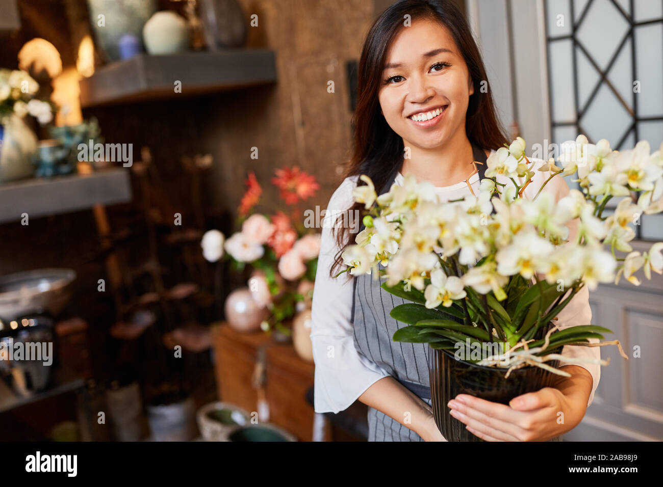 Donna asiatica come un fioraio con un houseplant per la consegna Foto Stock