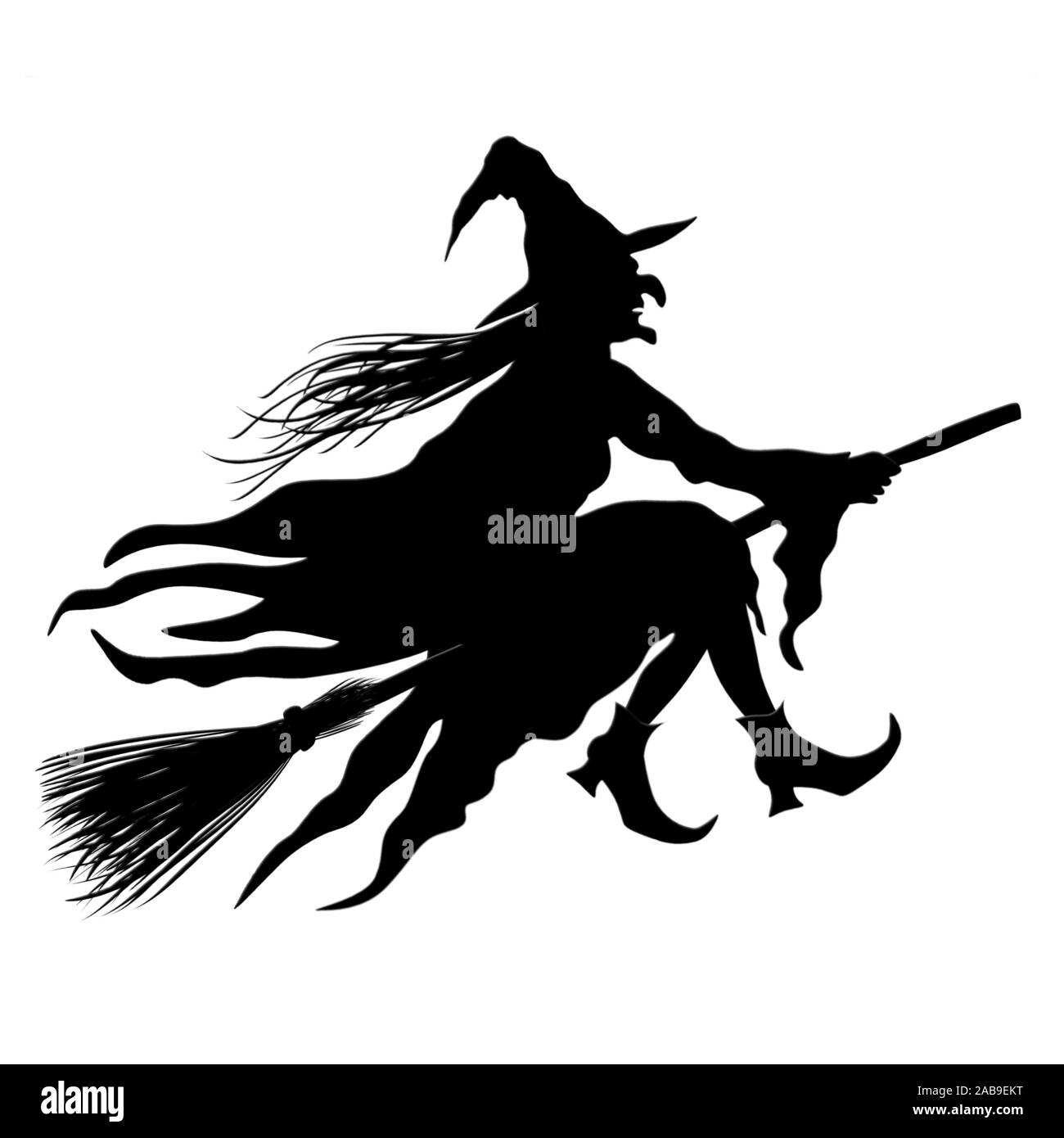 Strega a cavallo della scopa isolati su sfondo bianco. Silhouette nera. Foto Stock