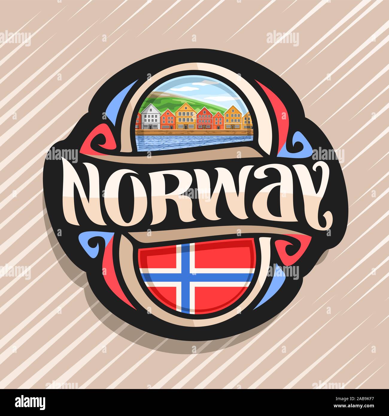 Il logo del vettore per la Norvegia Il paese, frigo magnete con bandiera norvegese, spazzola originale carattere tipografico per word in Norvegia e norvegese simbolo nazionale - vecchie case Illustrazione Vettoriale