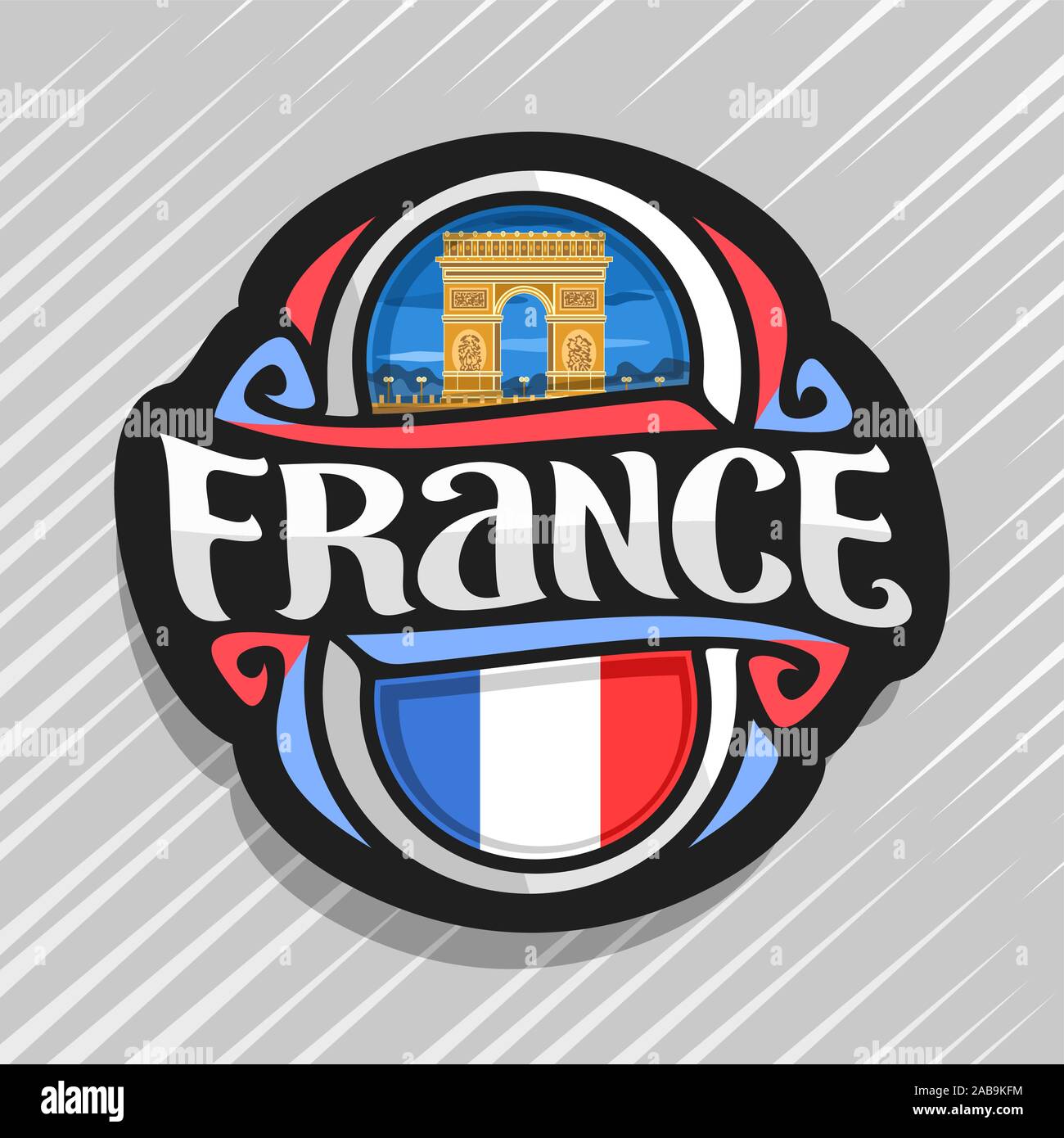 Il logo del vettore per la Francia paese, frigo magnete con bandiera francese, spazzola originale carattere tipografico per word in Francia e in francese simbolo nazionale - Arc de triomphe ho Illustrazione Vettoriale