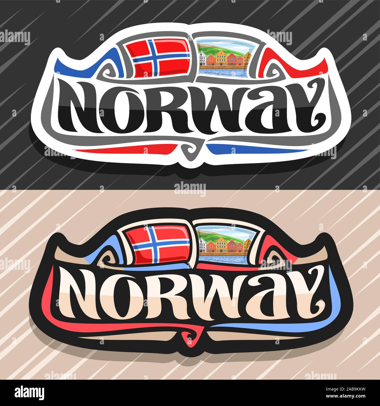 Il logo del vettore per la Norvegia Il paese, frigo magnete con bandiera norvegese, spazzola originale carattere tipografico per word in Norvegia e norvegese simbolo nazionale - vecchie case Illustrazione Vettoriale