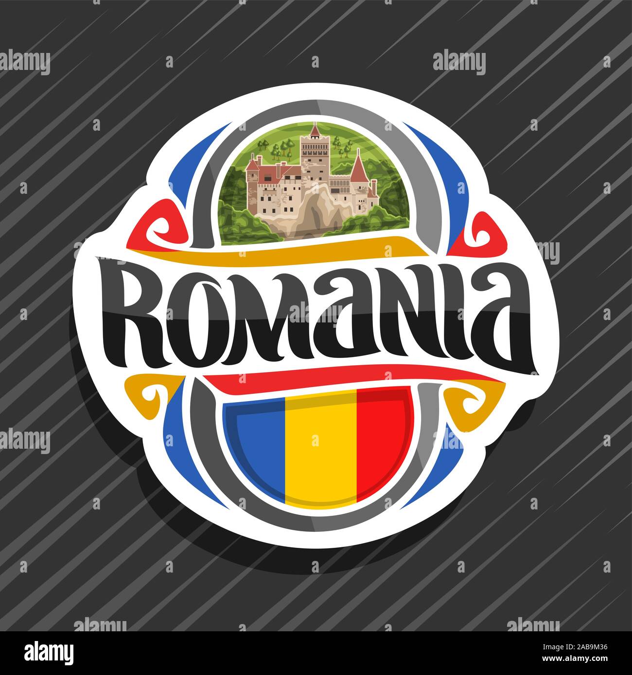 Il logo del vettore per la Romania paese, frigo con magnete dello stato romeno, bandiera Pennello originale carattere tipografico per parola romania e nazionale simbolo Romeno - crusca Illustrazione Vettoriale