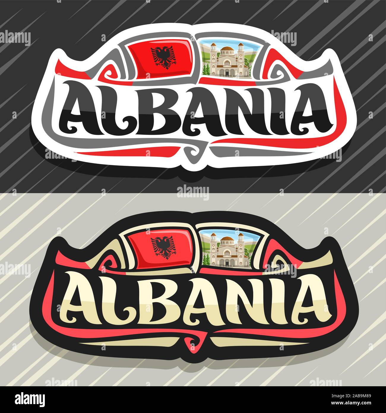 Il logo del vettore per paese Albania, frigo magnete con stato albanese bandiera, spazzola originale carattere tipografico per word albania e nazionale simbolo albanese - San Illustrazione Vettoriale