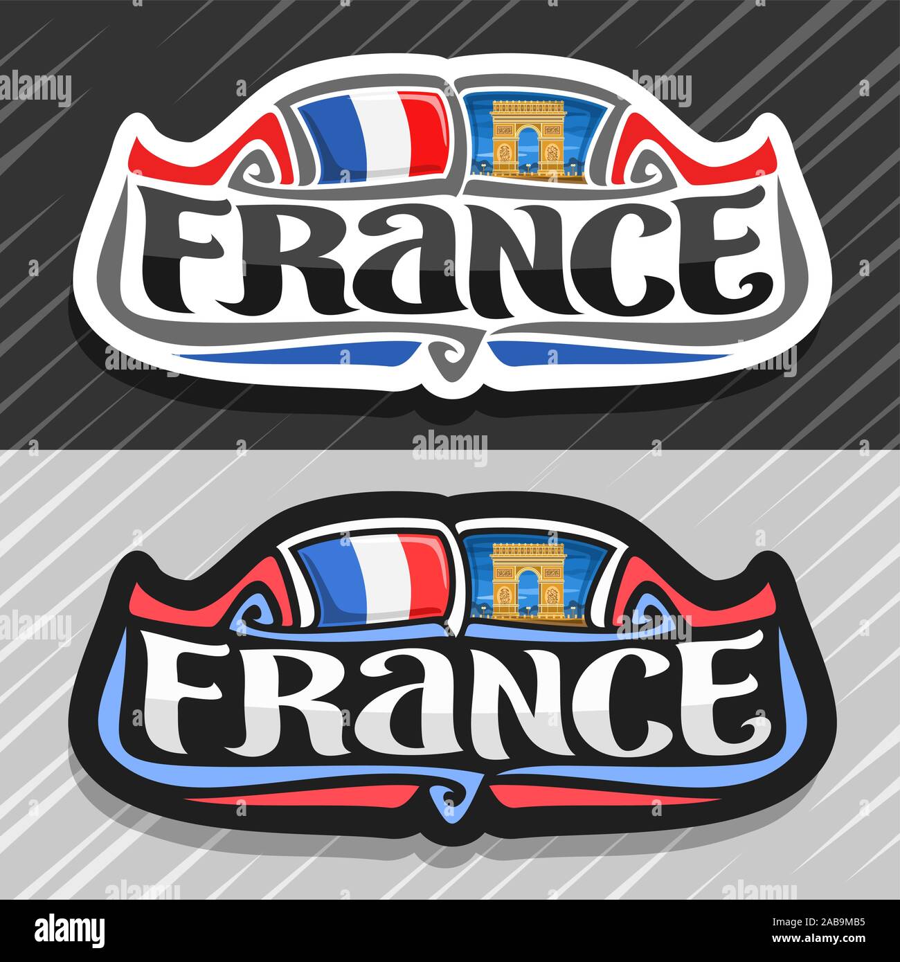 Il logo del vettore per la Francia paese, frigo magnete con bandiera francese, spazzola originale carattere tipografico per word in Francia e in francese simbolo nazionale - Arc de triomphe ho Illustrazione Vettoriale