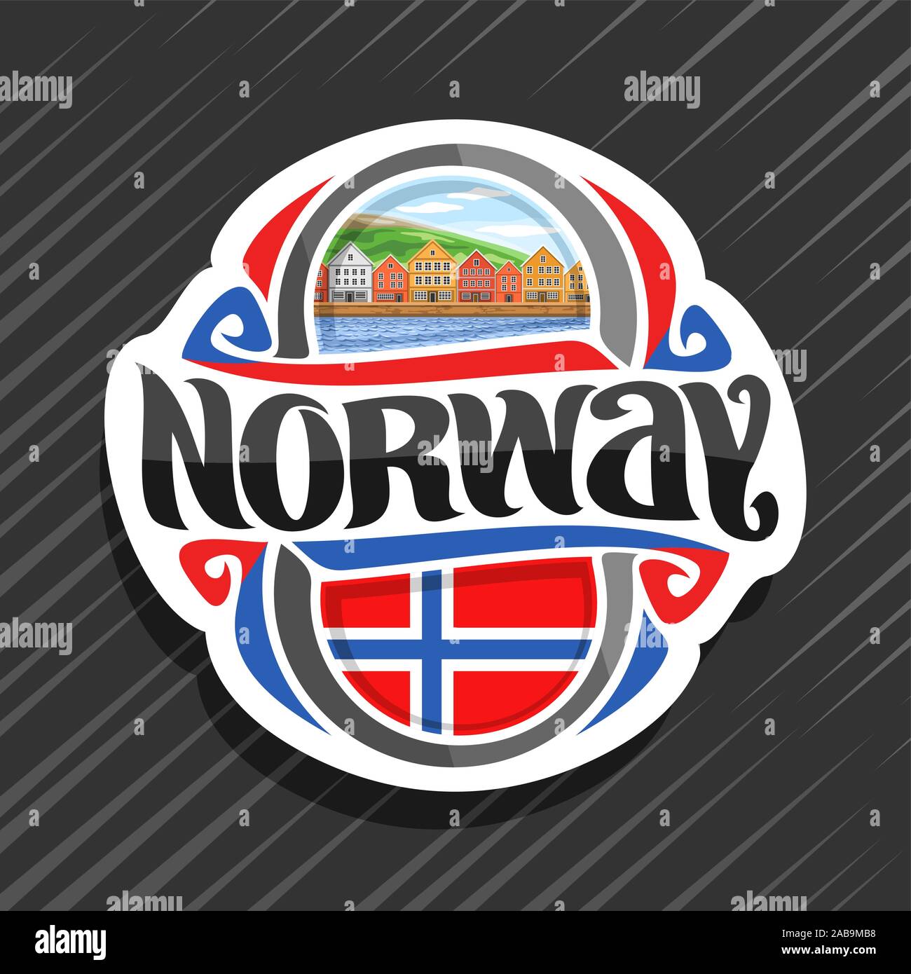 Il logo del vettore per la Norvegia Il paese, frigo magnete con bandiera norvegese, spazzola originale carattere tipografico per word in Norvegia e norvegese simbolo nazionale - vecchie case Illustrazione Vettoriale