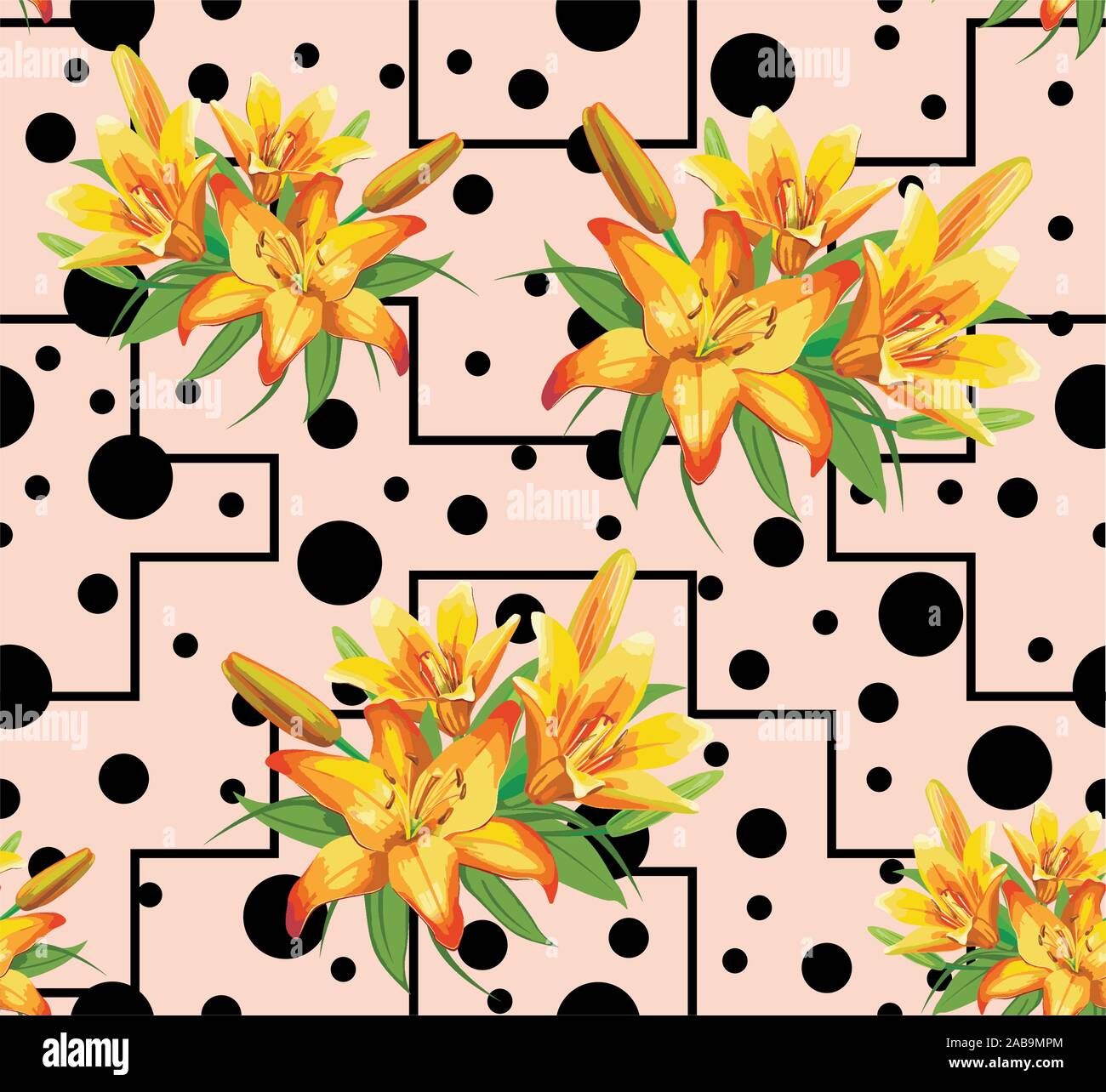Giallo fiori lilium pattern con forme geometriche. Turni di nero e linee. - Vettore Illustrazione Vettoriale