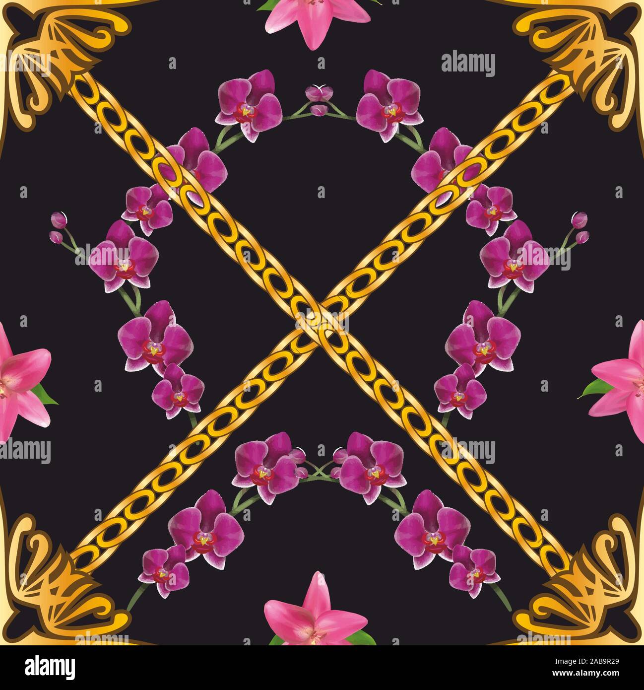 Carino seamless motivo floreale su sfondo nero. Catena d'oro, di lusso oggetto ornamentale. - Vettore Illustrazione Vettoriale