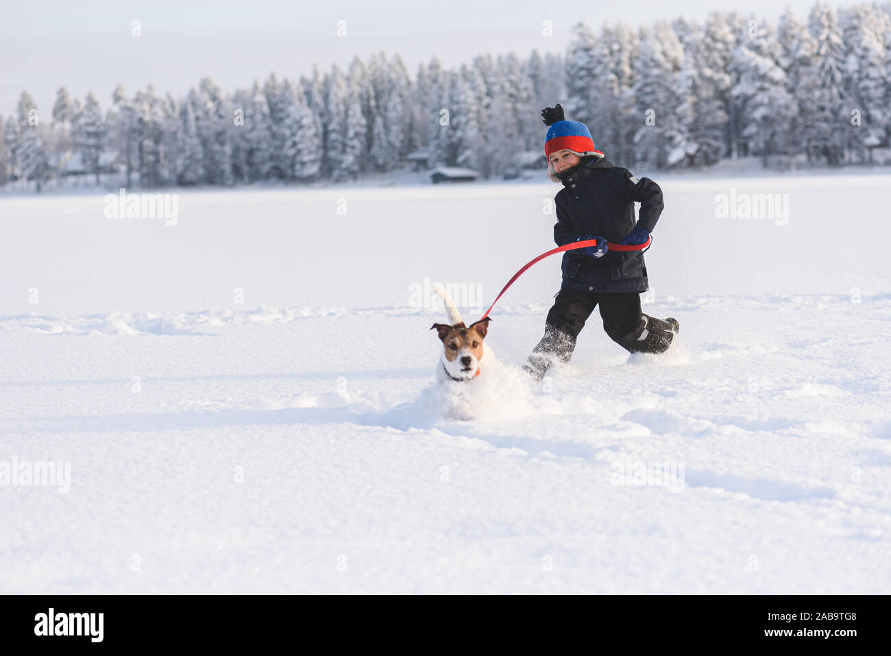 La famiglia felice giocando con il cane sulla neve in inverno pieno di sole giorno Foto Stock