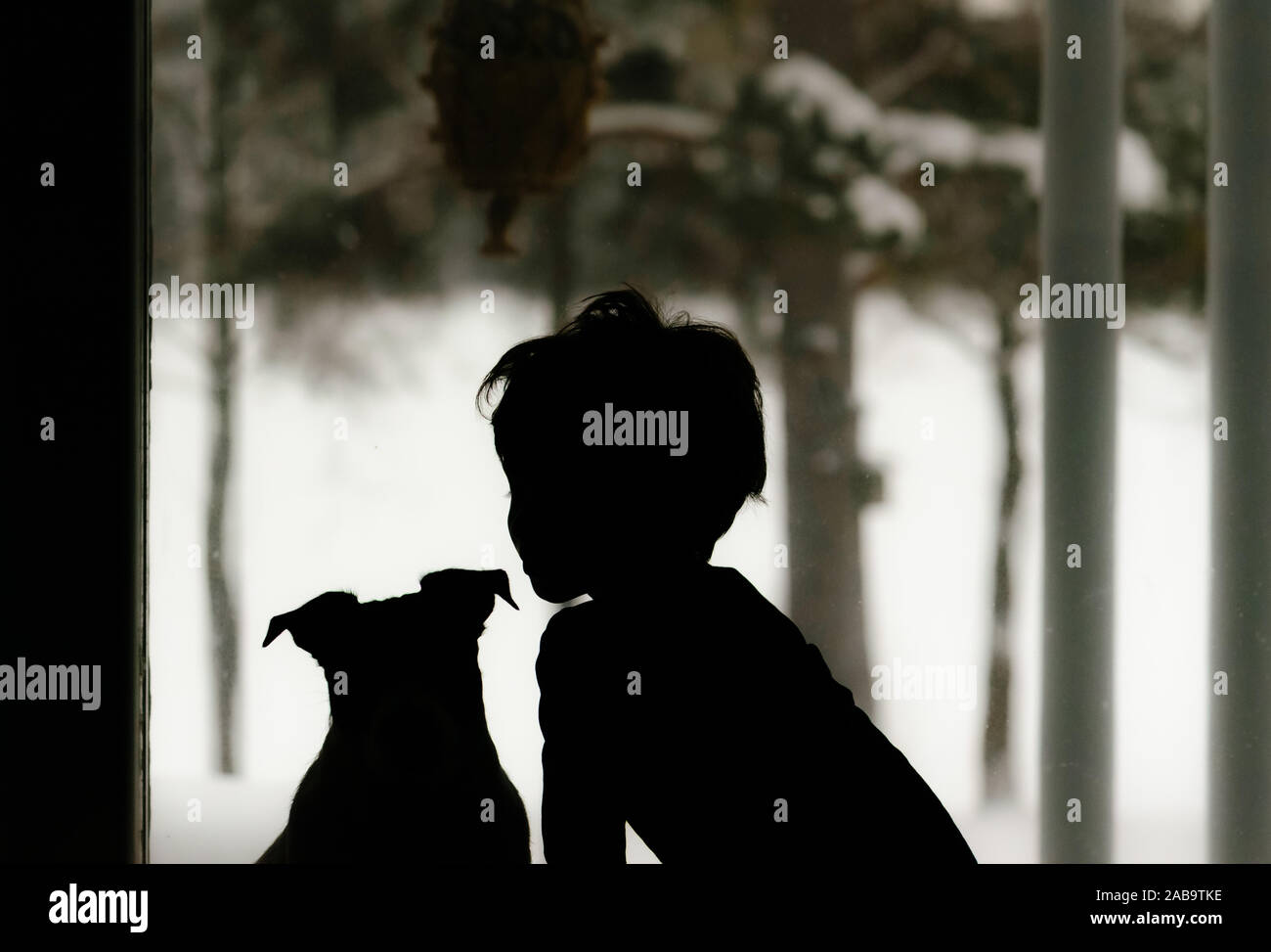 Silhouette di bambino e cane guardando attraverso la finestrella al paesaggio invernale Foto Stock