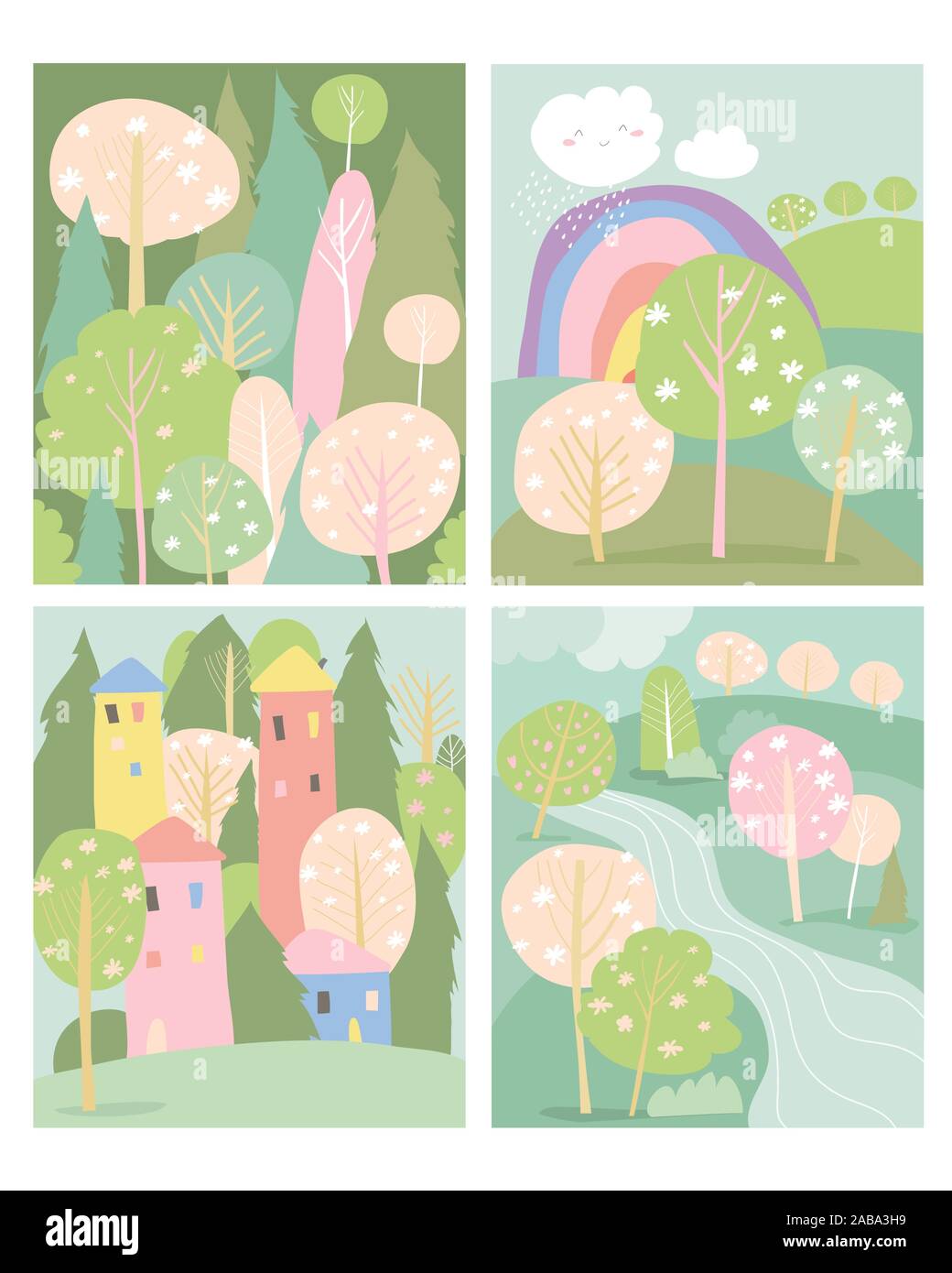 Set di primavera paesaggio in stile piatto Illustrazione Vettoriale