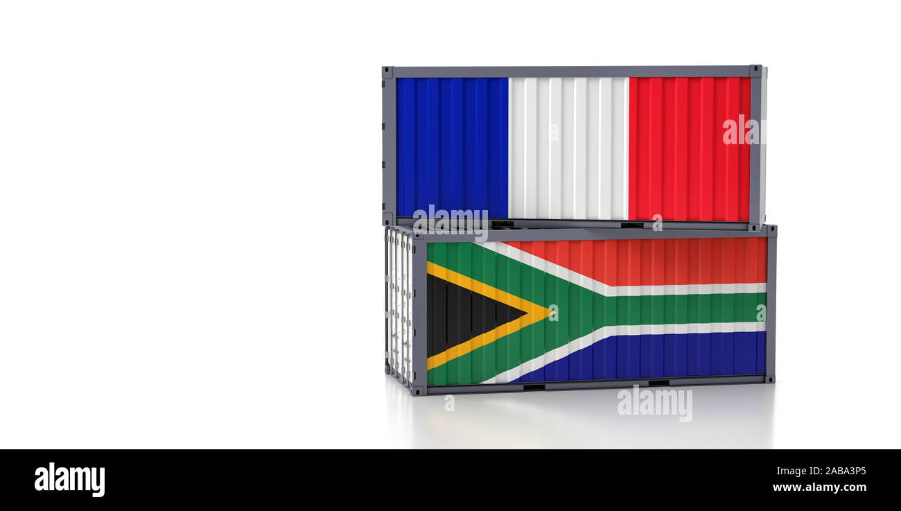 Due container con Francia e Sud Africa bandiera nazionale. Il rendering 3D Foto Stock