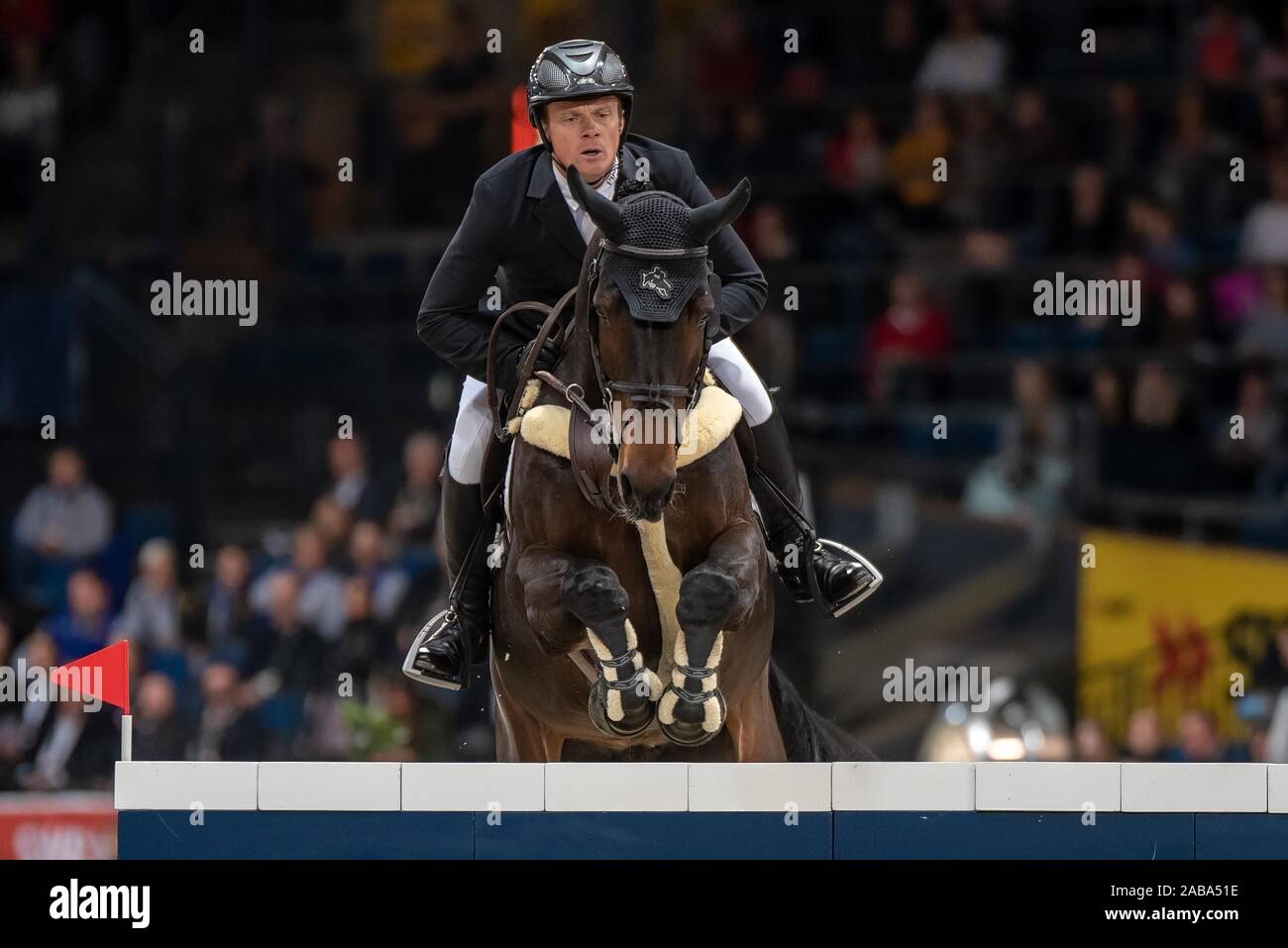 STUTTGART, Germania - 17 novembre: Willem Greve (NED) riding Zyprina S a Stoccarda maestro tedesco 2019 - Longines FEI Jumping World Cup 2019/2020, Int. Concorso di salto con jump-off - Grand Prix di Stoccarda presend da Mercedes-Benz, Walter solari e BW-Banca al Hans-Martin-Schleyer-Halle il 17 novembre 2019 a Stoccarda, in Germania. Foto Stock